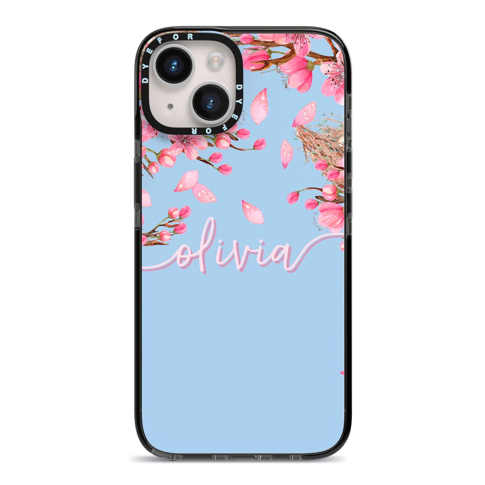 Personalised Blue Pink Blossom iPhone 14 Black Impact Case on Silver phone