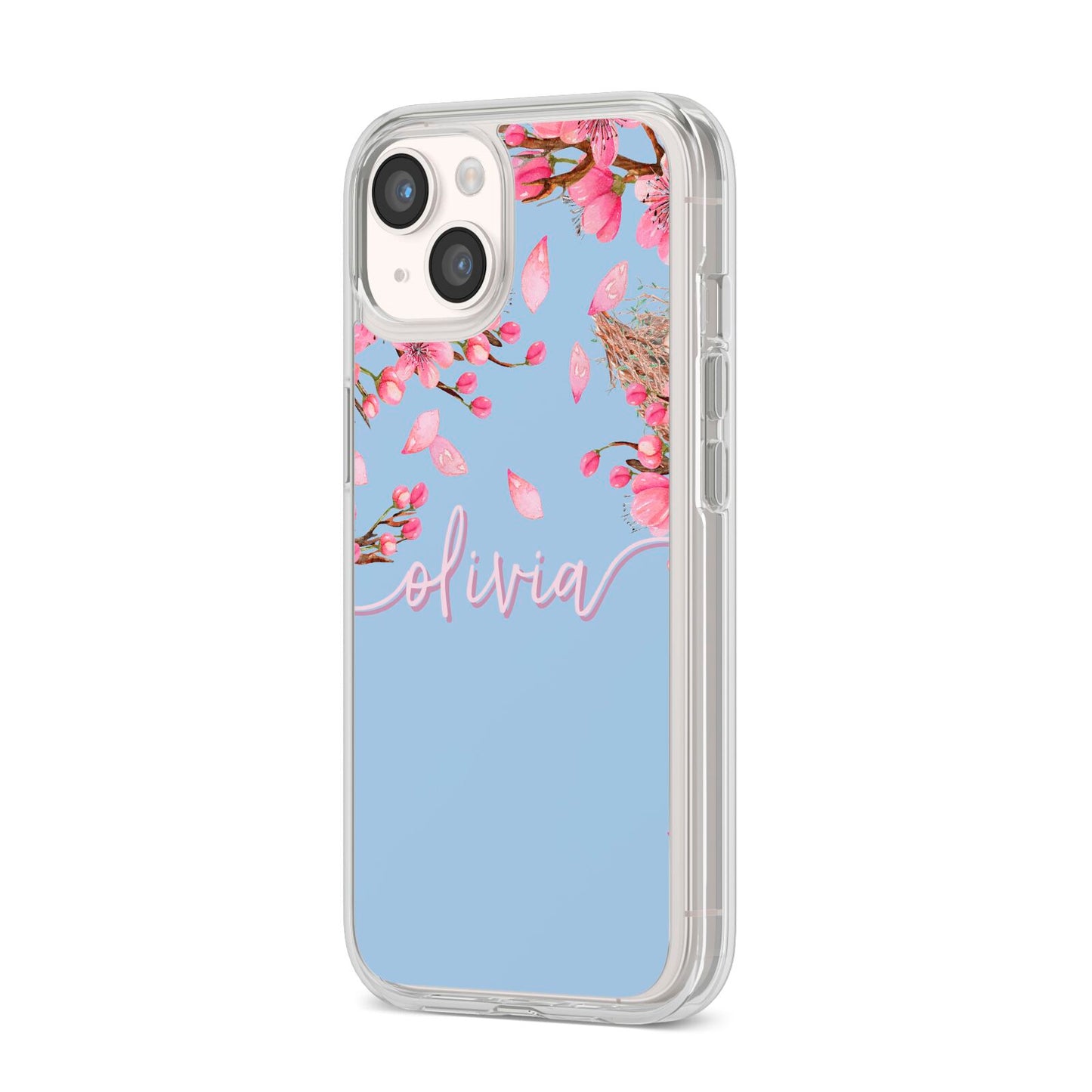 Personalised Blue Pink Blossom iPhone 14 Clear Tough Case Starlight Angled Image