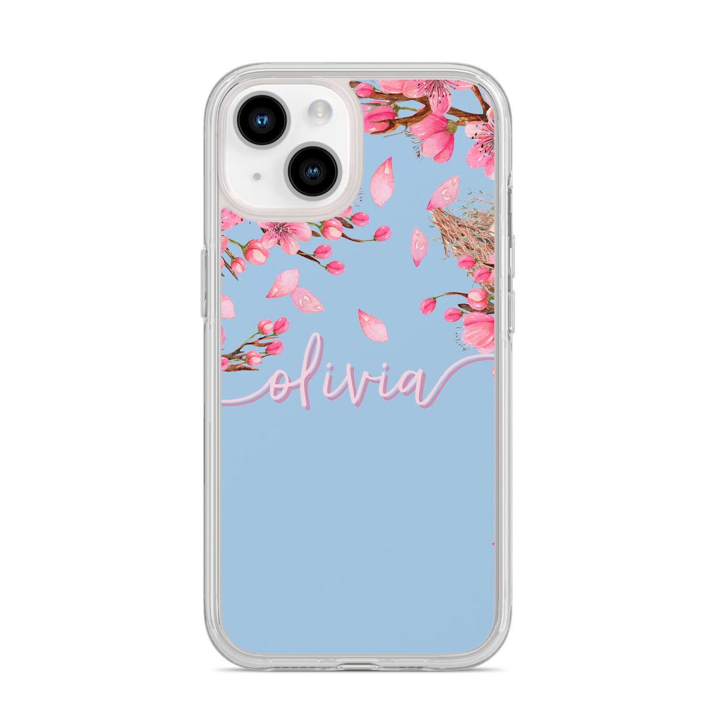 Personalised Blue Pink Blossom iPhone 14 Clear Tough Case Starlight