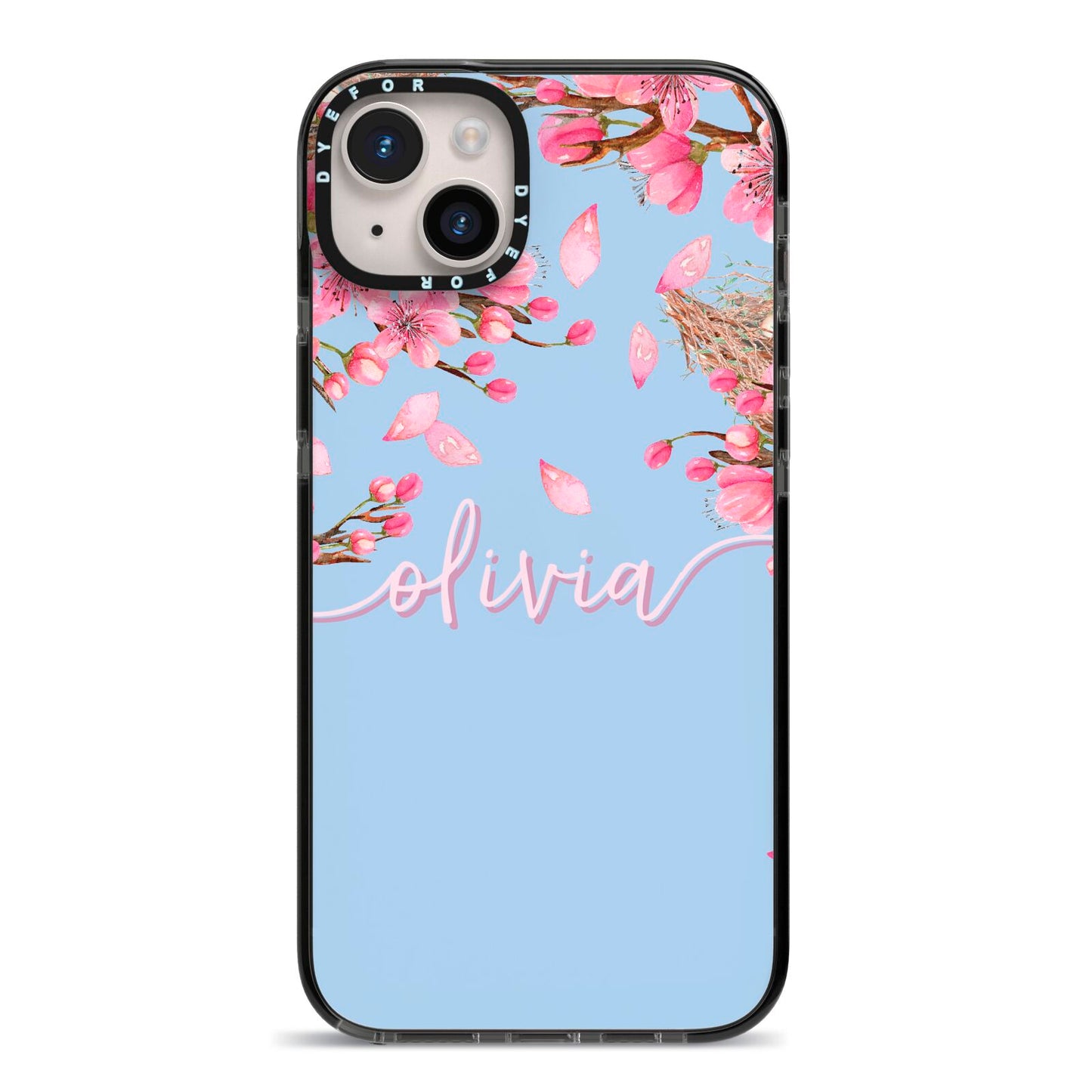 Personalised Blue Pink Blossom iPhone 14 Plus Black Impact Case on Silver phone
