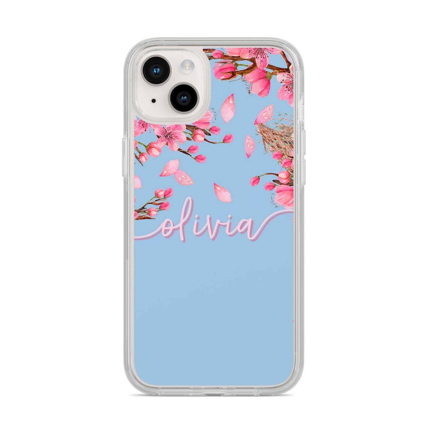 Personalised Blue Pink Blossom iPhone 14 Plus Clear Tough Case Starlight