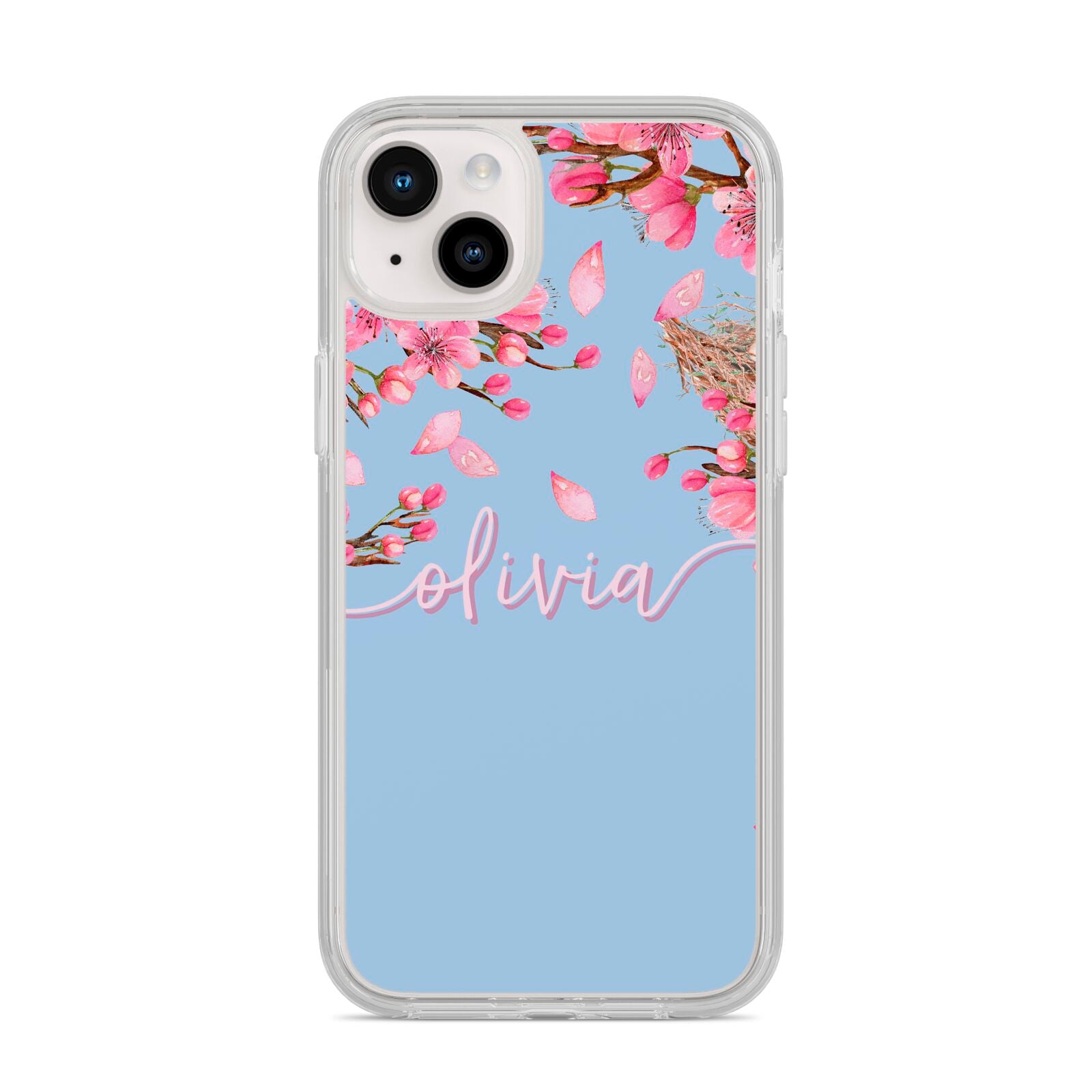 Personalised Blue Pink Blossom iPhone 14 Plus Clear Tough Case Starlight
