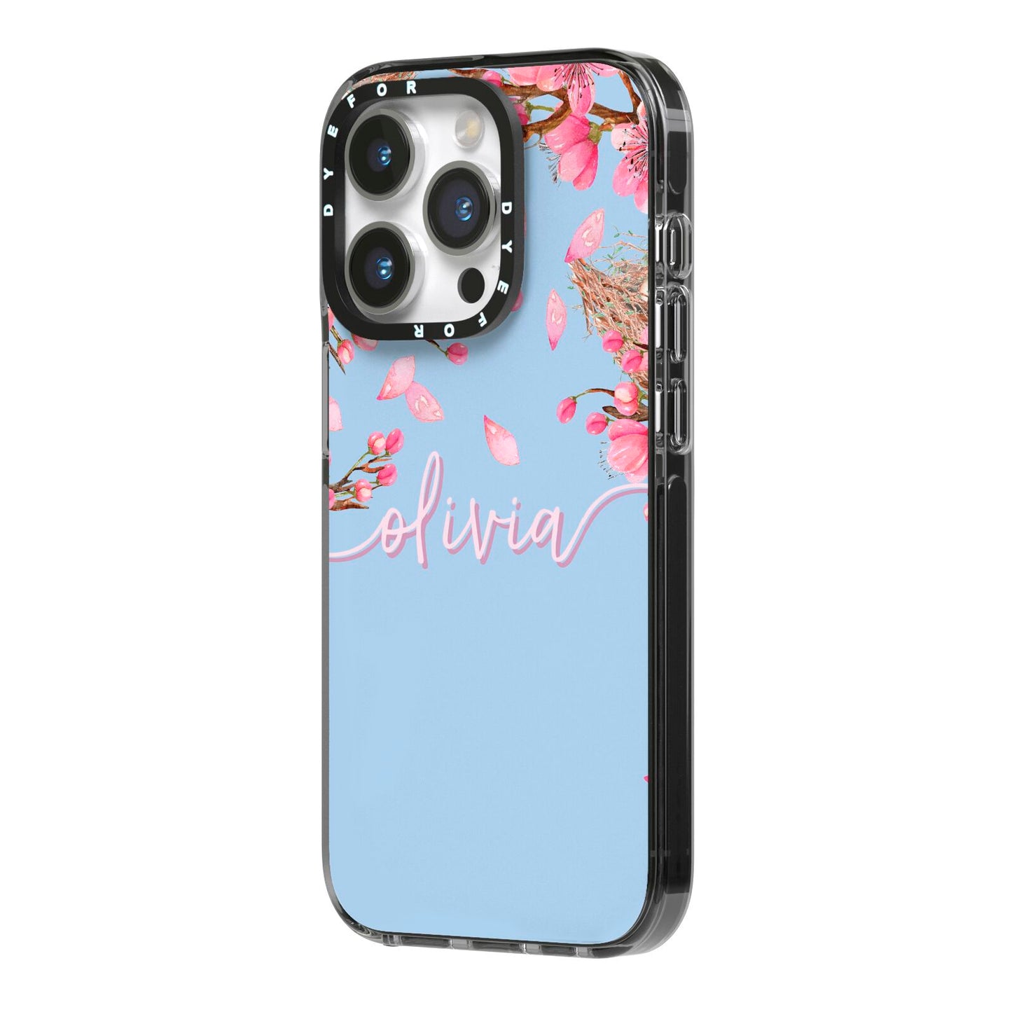 Personalised Blue Pink Blossom iPhone 14 Pro Black Impact Case Side Angle on Silver phone