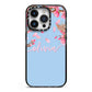 Personalised Blue Pink Blossom iPhone 14 Pro Black Impact Case on Silver phone