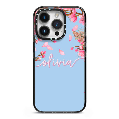 Personalised Blue Pink Blossom iPhone 14 Pro Black Impact Case on Silver phone