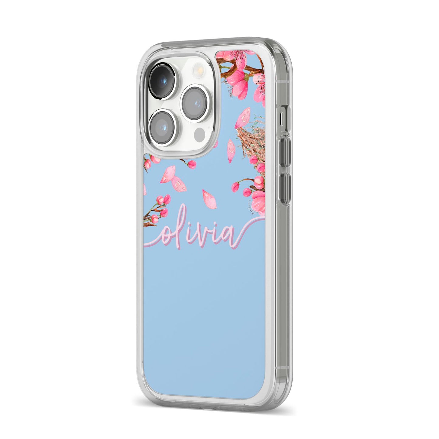 Personalised Blue Pink Blossom iPhone 14 Pro Clear Tough Case Silver Angled Image