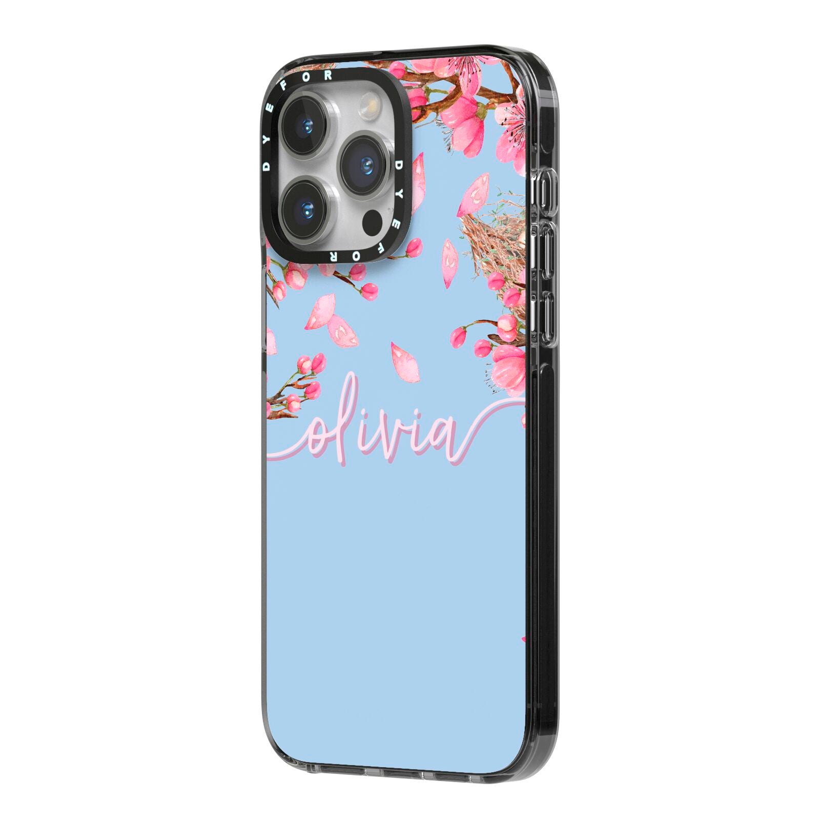 Personalised Blue Pink Blossom iPhone 14 Pro Max Black Impact Case Side Angle on Silver phone