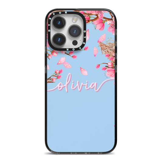 Personalised Blue Pink Blossom iPhone 14 Pro Max Black Impact Case on Silver phone