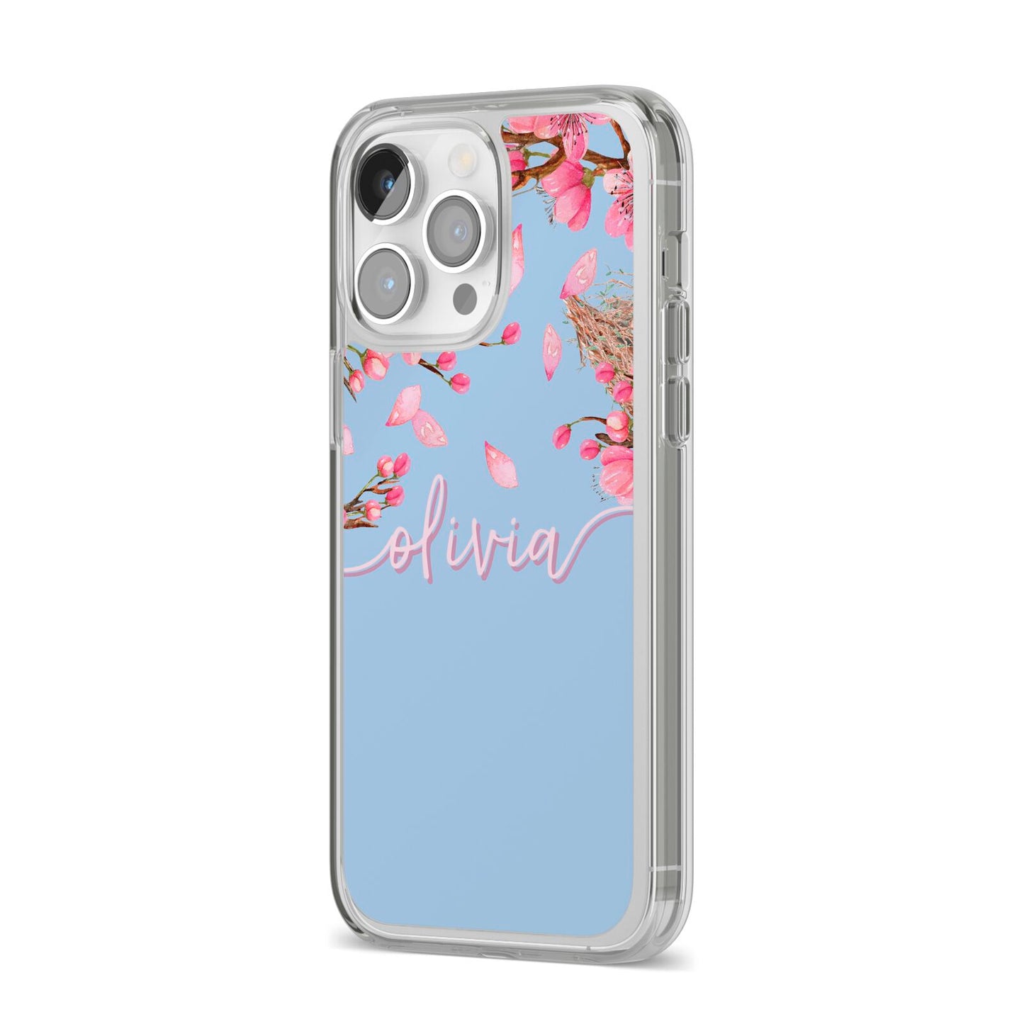 Personalised Blue Pink Blossom iPhone 14 Pro Max Clear Tough Case Silver Angled Image