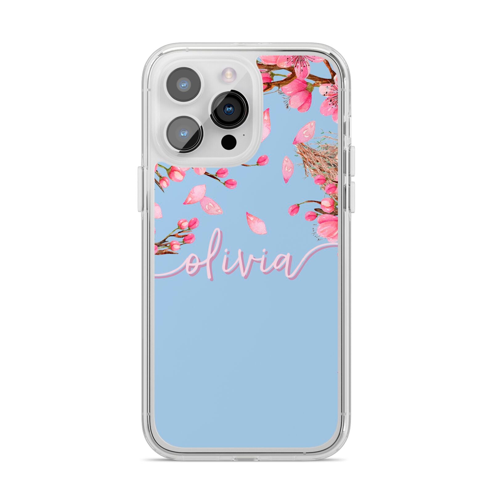 Personalised Blue Pink Blossom iPhone 14 Pro Max Clear Tough Case Silver