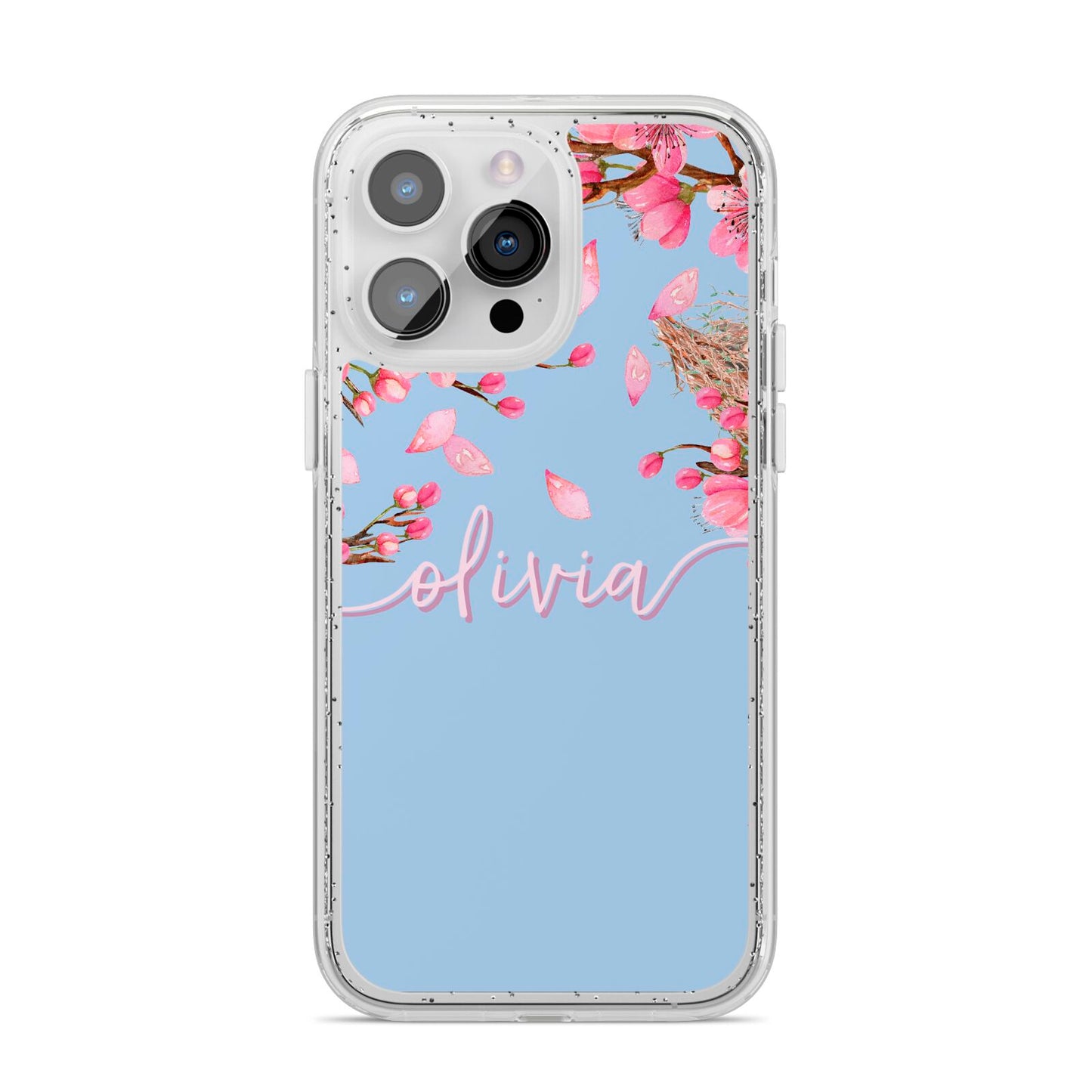 Personalised Blue Pink Blossom iPhone 14 Pro Max Glitter Tough Case Silver
