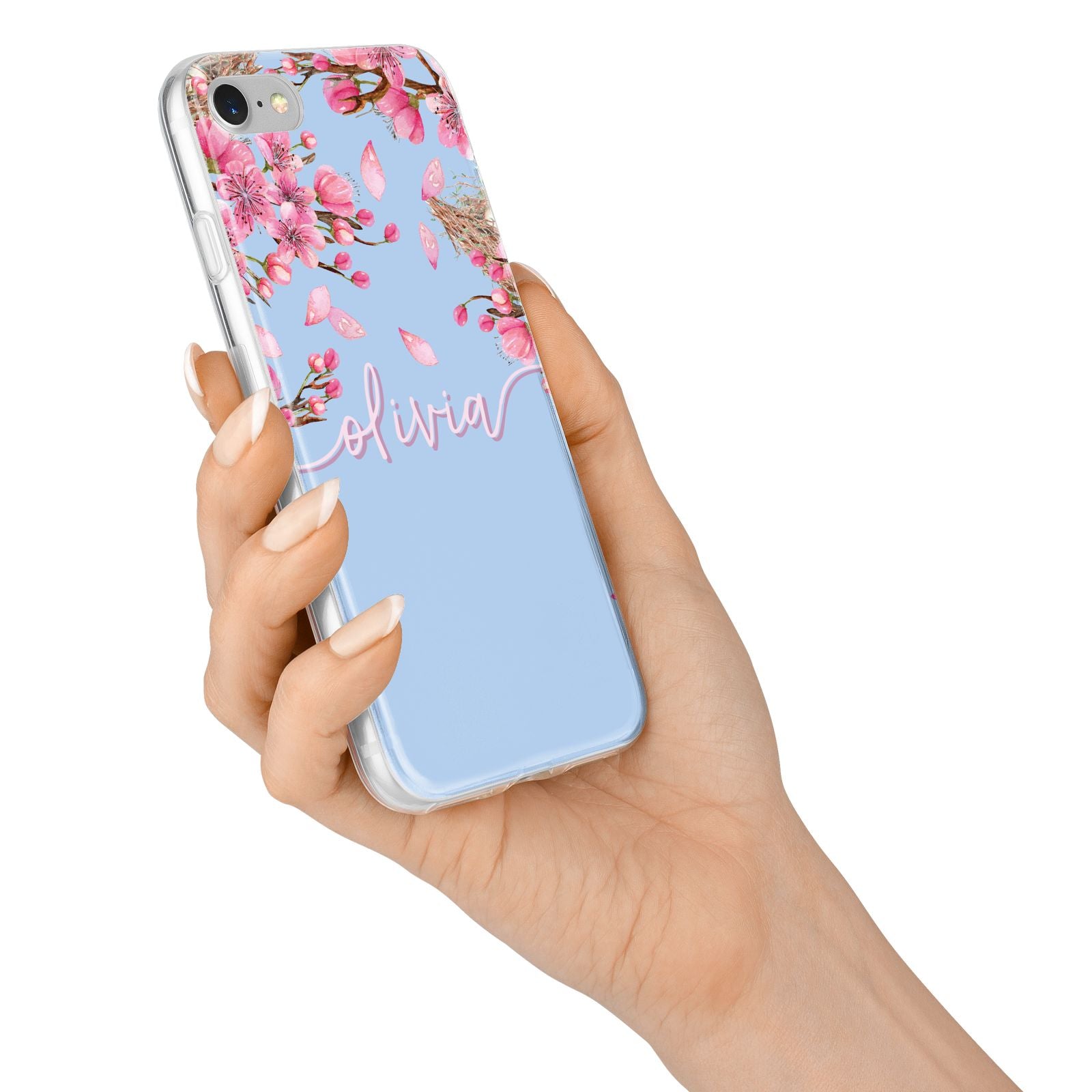 Personalised Blue Pink Blossom iPhone 7 Bumper Case on Silver iPhone Alternative Image