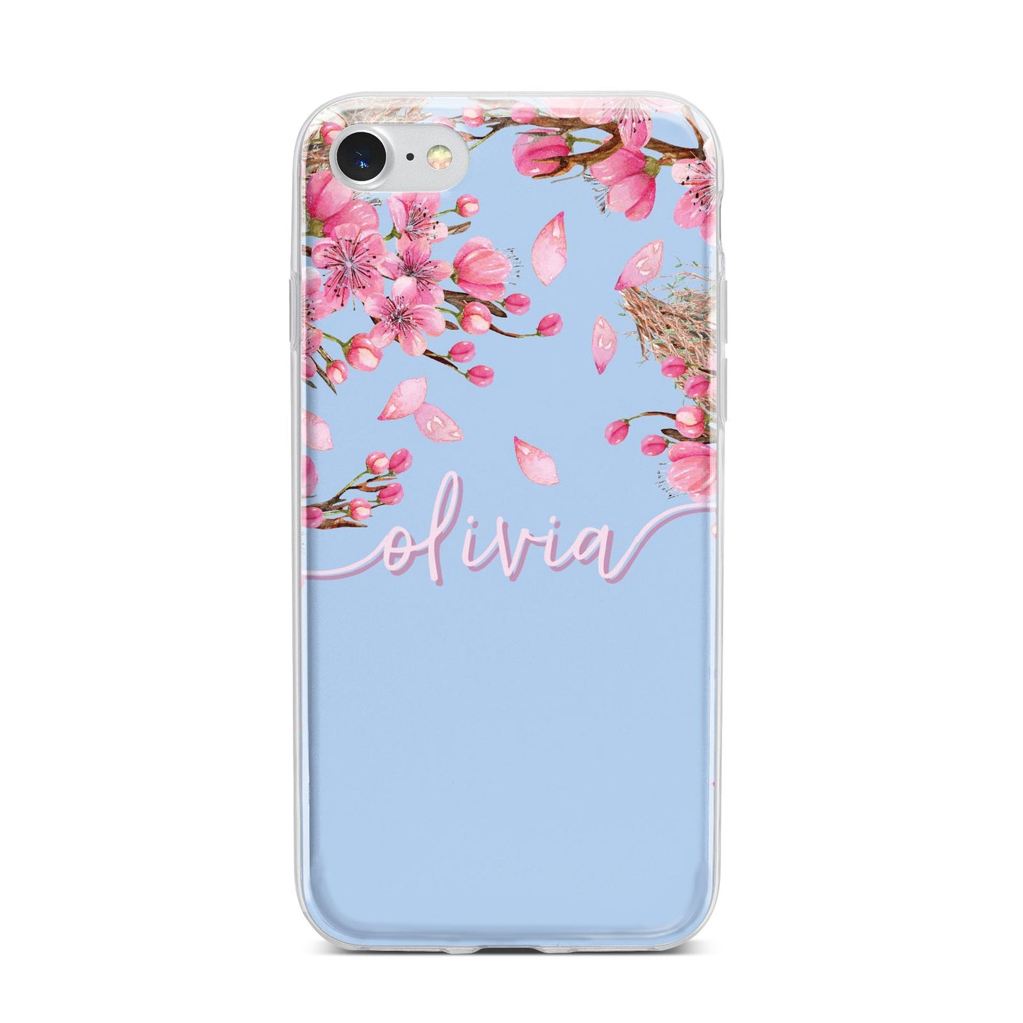 Personalised Blue Pink Blossom iPhone 7 Bumper Case on Silver iPhone