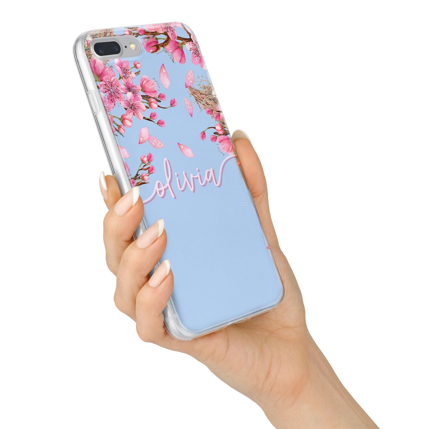 Personalised Blue Pink Blossom iPhone 7 Plus Bumper Case on Silver iPhone Alternative Image