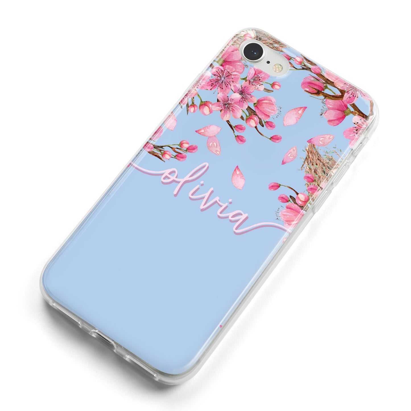 Personalised Blue Pink Blossom iPhone 8 Bumper Case on Silver iPhone Alternative Image