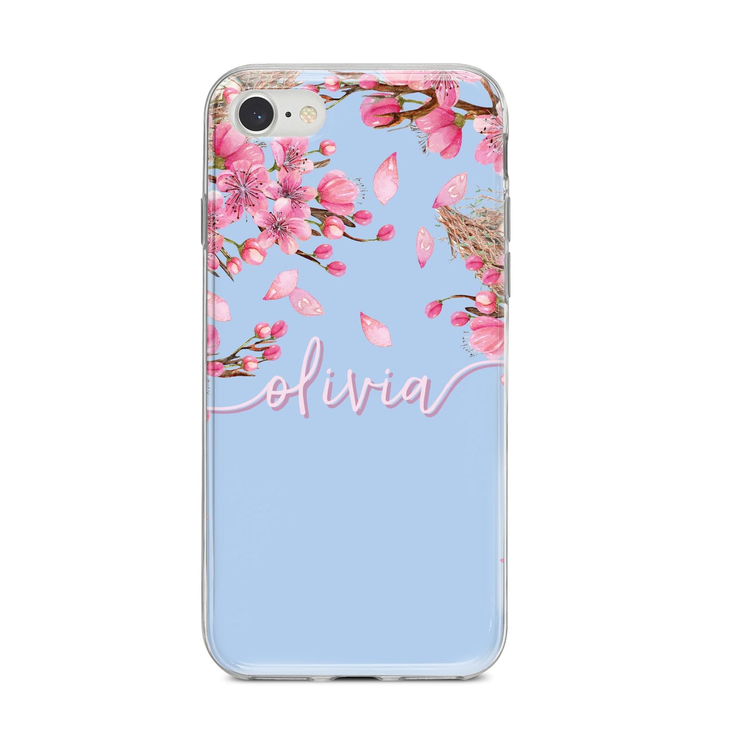 Personalised Blue Pink Blossom iPhone 8 Bumper Case on Silver iPhone