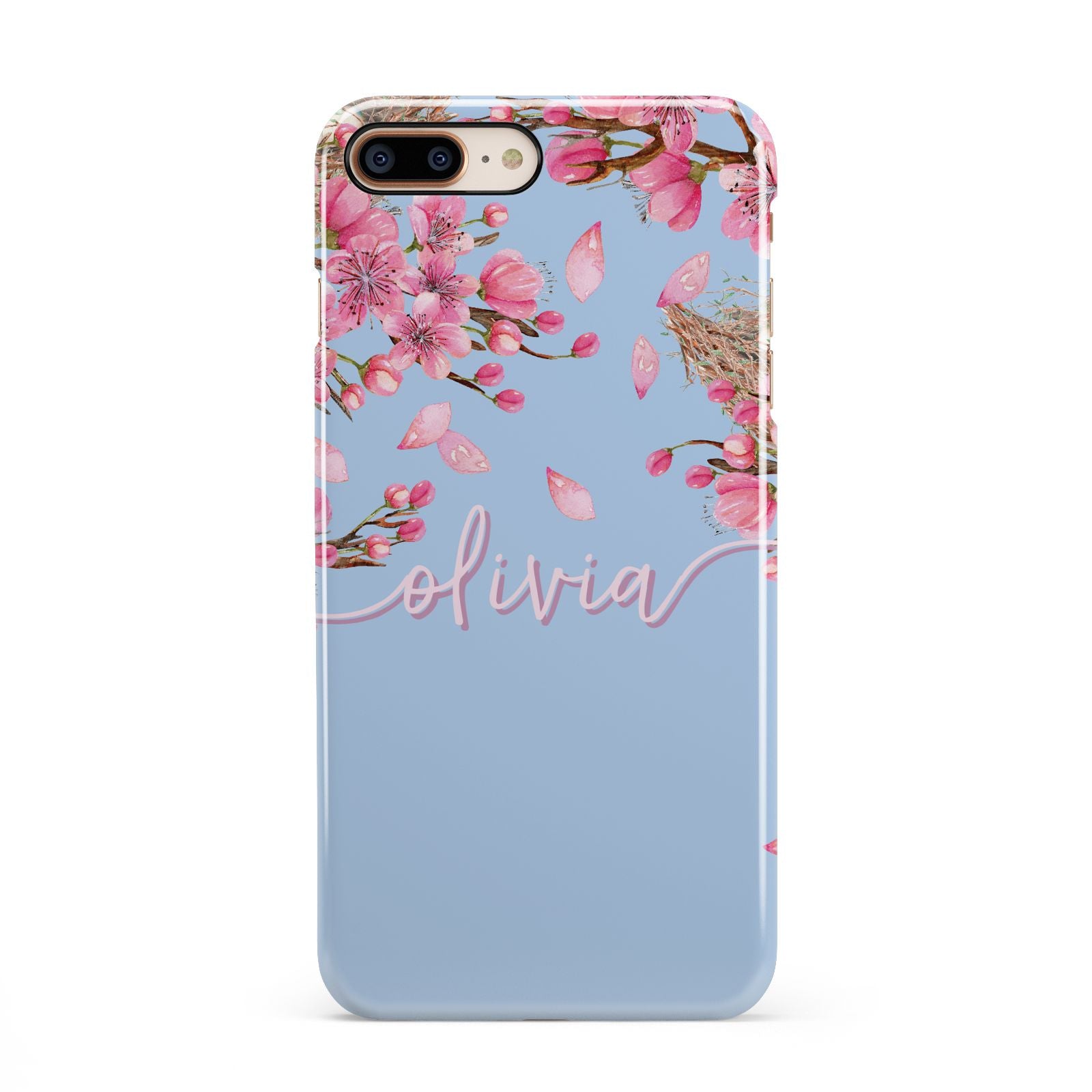 Personalised Blue Pink Blossom iPhone 8 Plus 3D Snap Case on Gold Phone