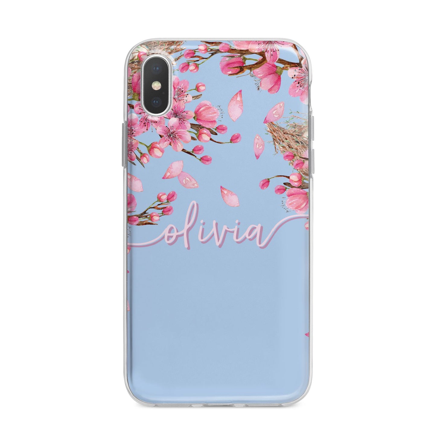 Personalised Blue Pink Blossom iPhone X Bumper Case on Silver iPhone Alternative Image 1