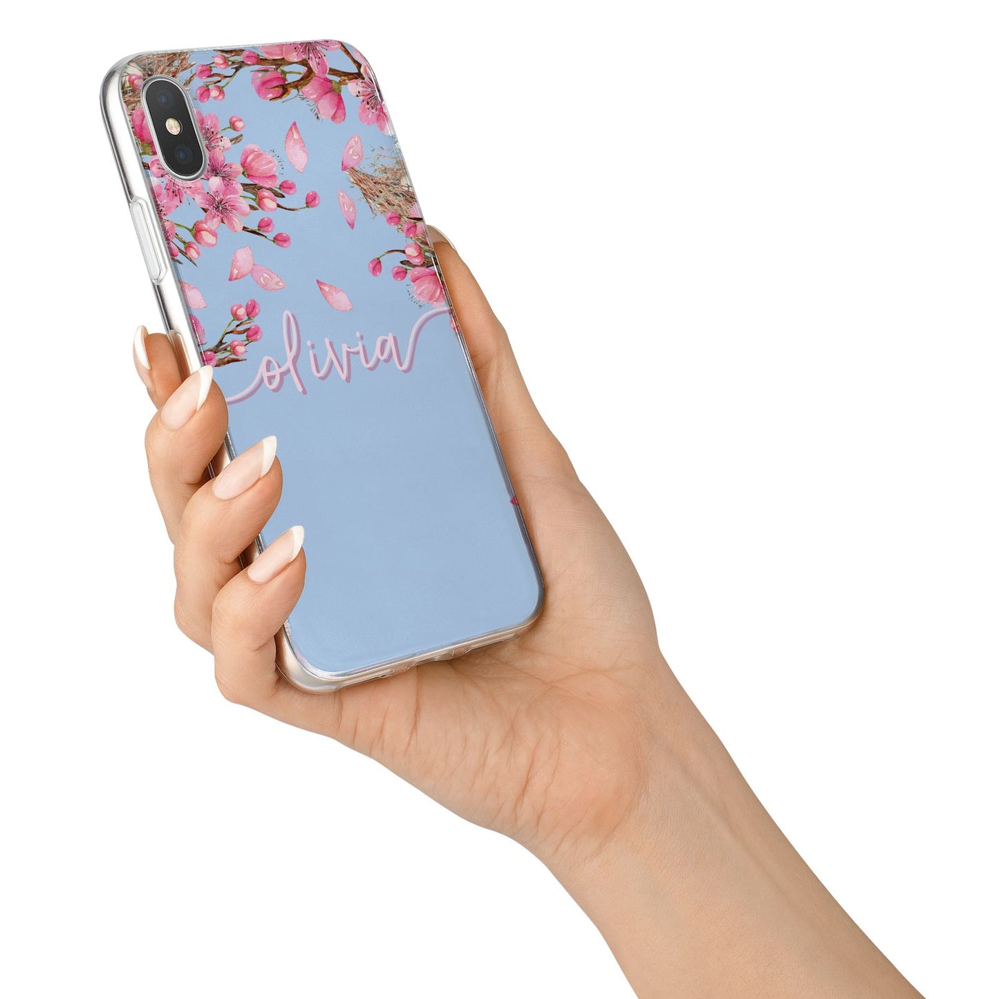 Personalised Blue Pink Blossom iPhone X Bumper Case on Silver iPhone Alternative Image 2