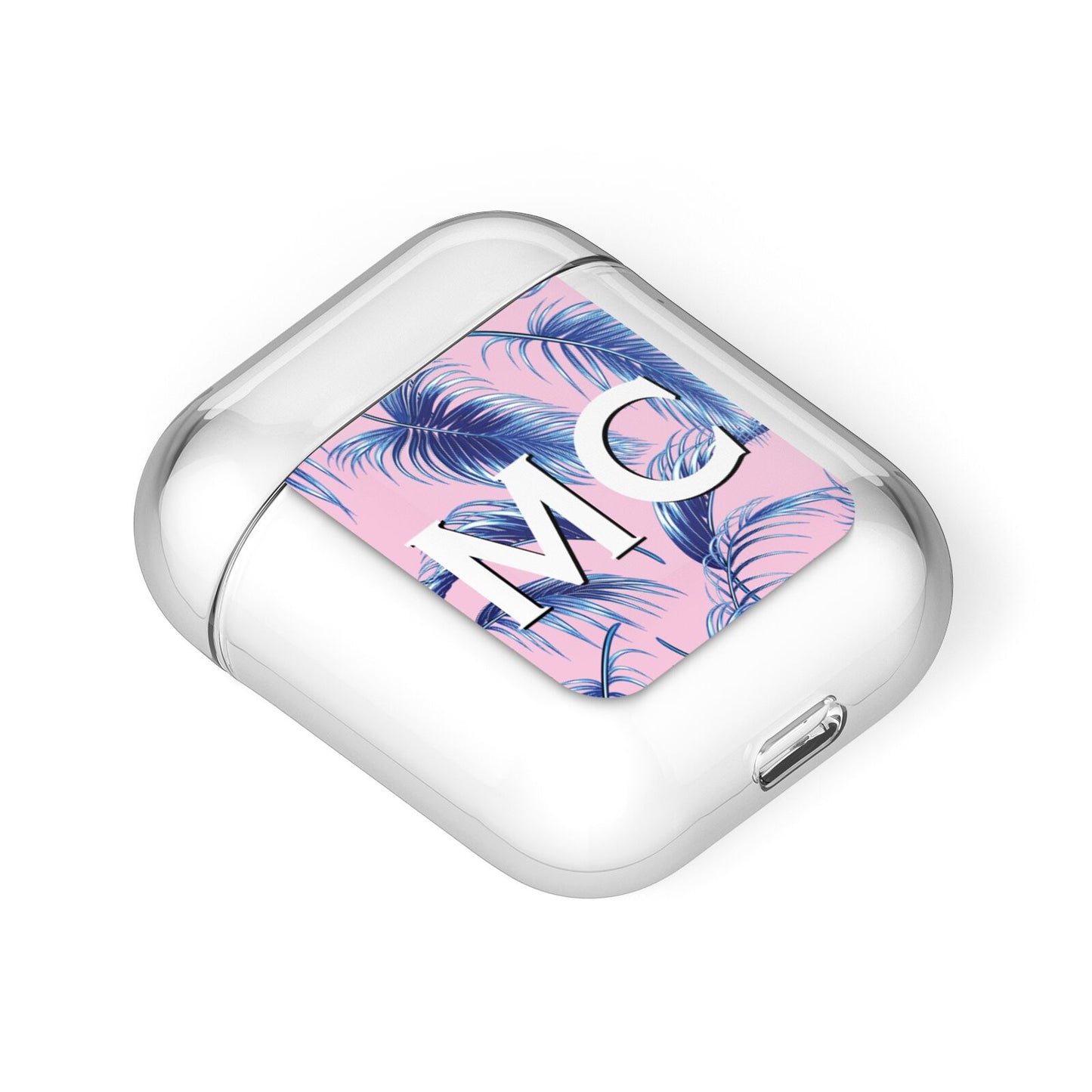 Personalised Blue Pink Palm Leaf AirPods Case Laid Flat