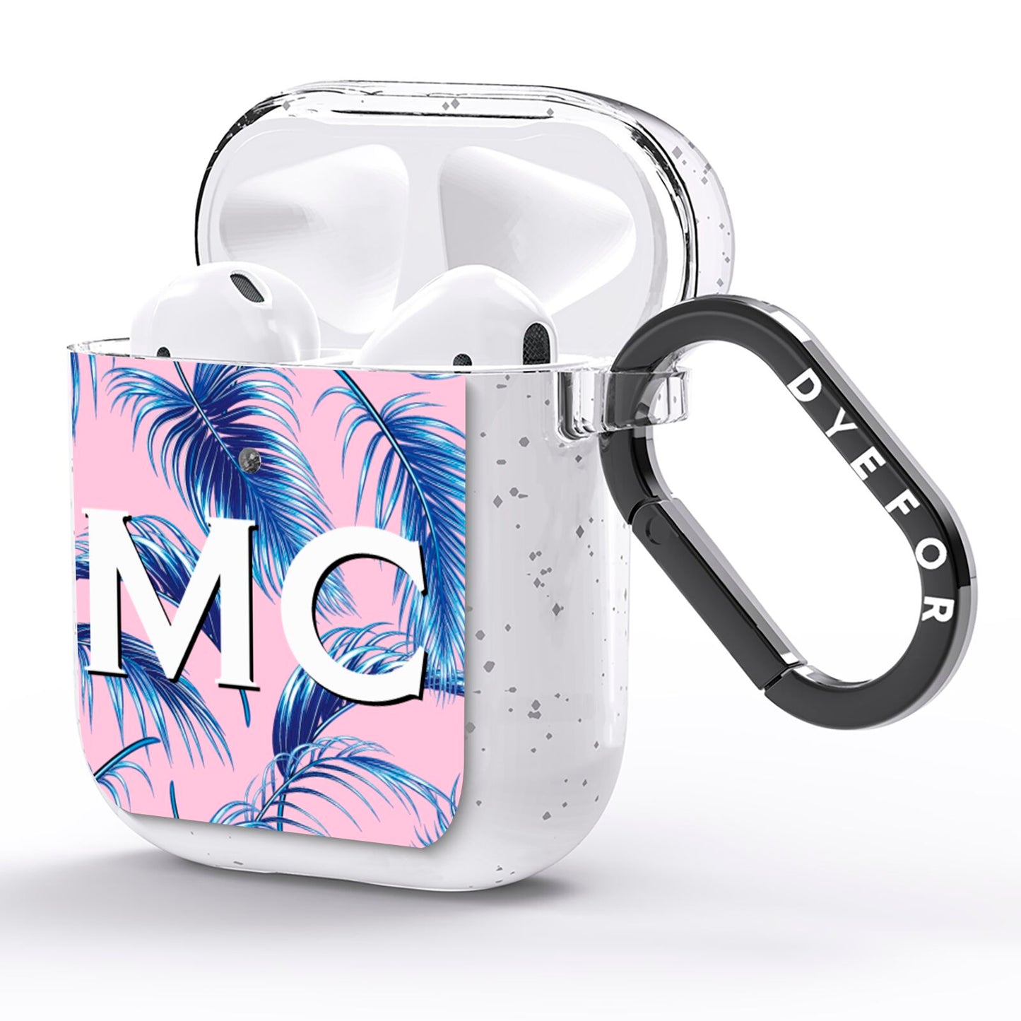 Personalised Blue Pink Palm Leaf AirPods Glitter Case Side Image