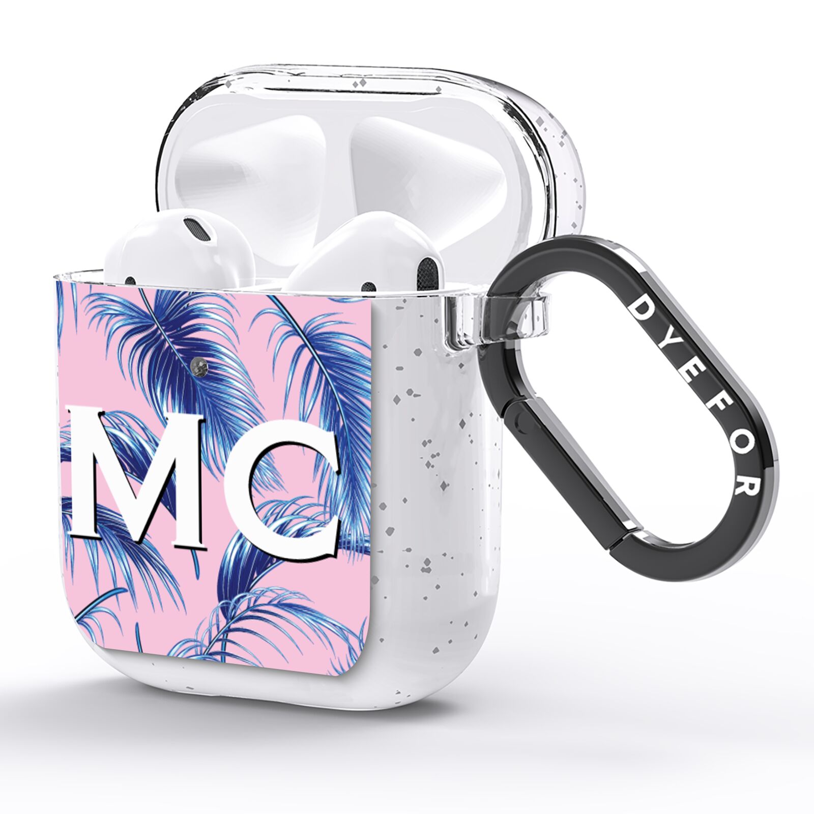Personalised Blue Pink Palm Leaf AirPods Glitter Case Side Image