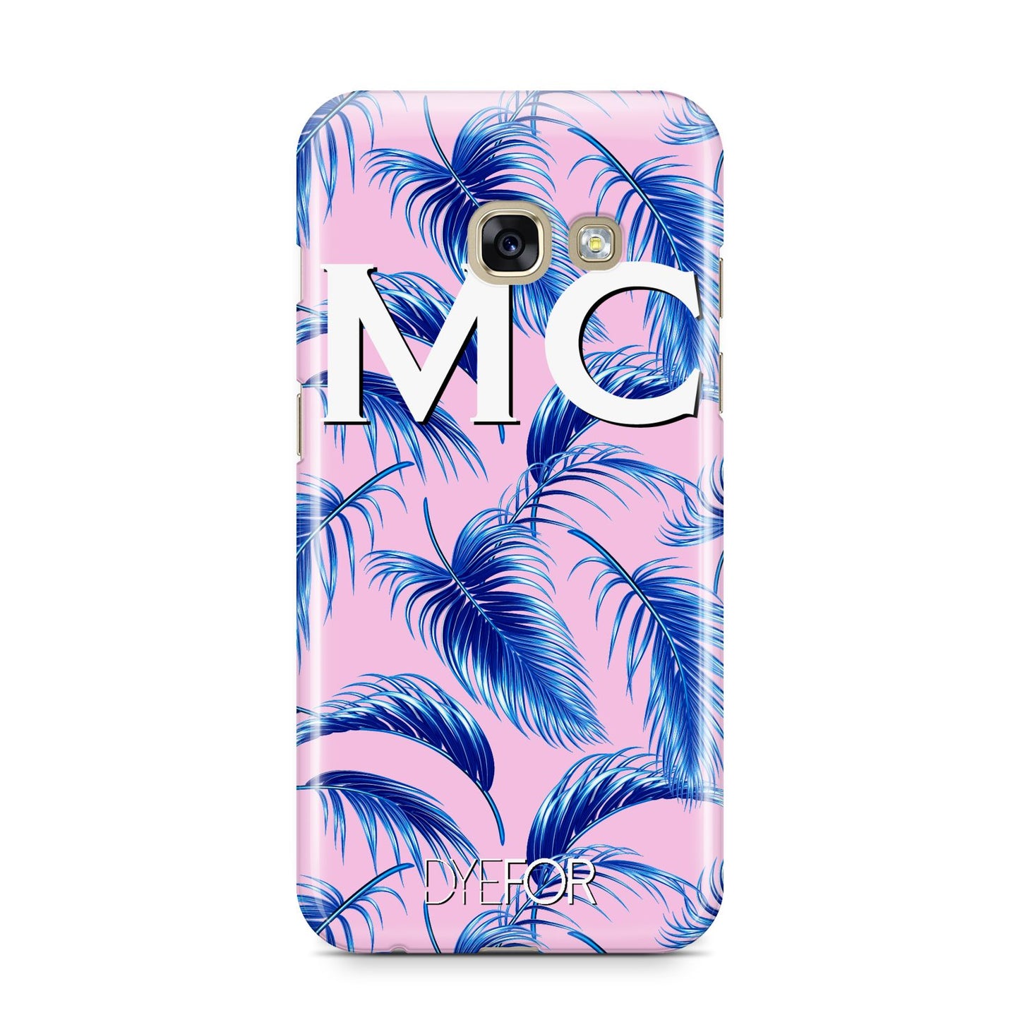 Personalised Blue Pink Palm Leaf Samsung Galaxy A3 2017 Case on gold phone