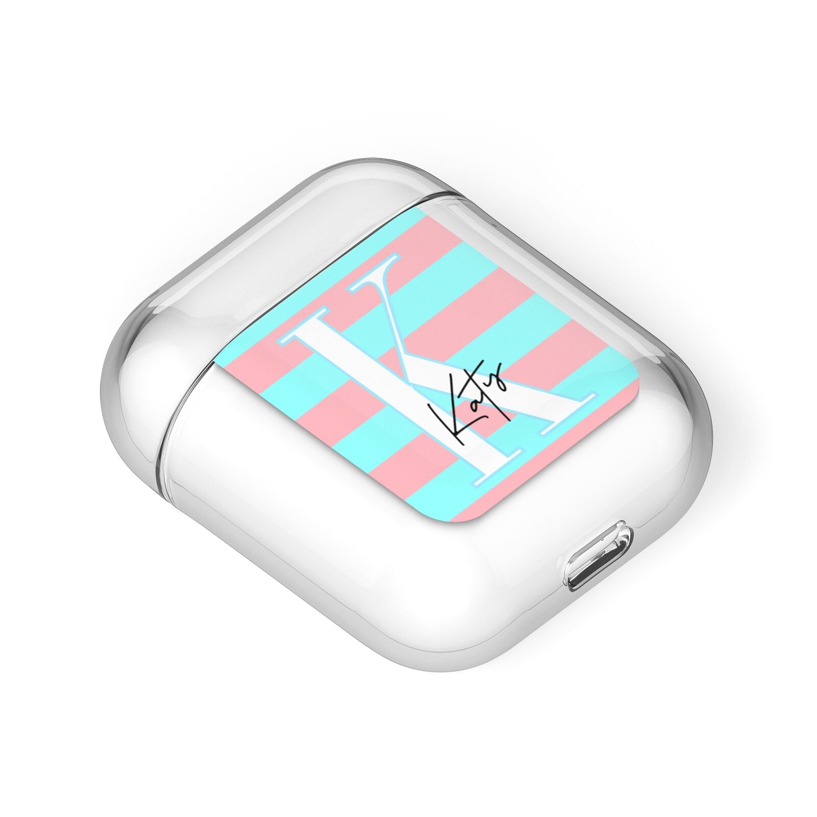 Personalised Blue Pink Striped Initial AirPods Case Laid Flat