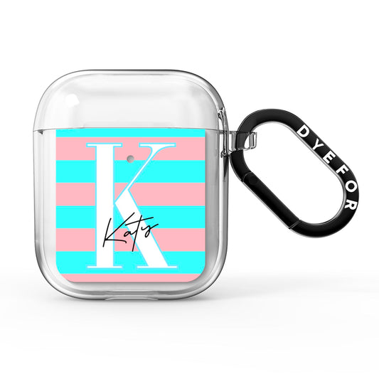 Personalised Blue Pink Striped Initial AirPods Clear Case