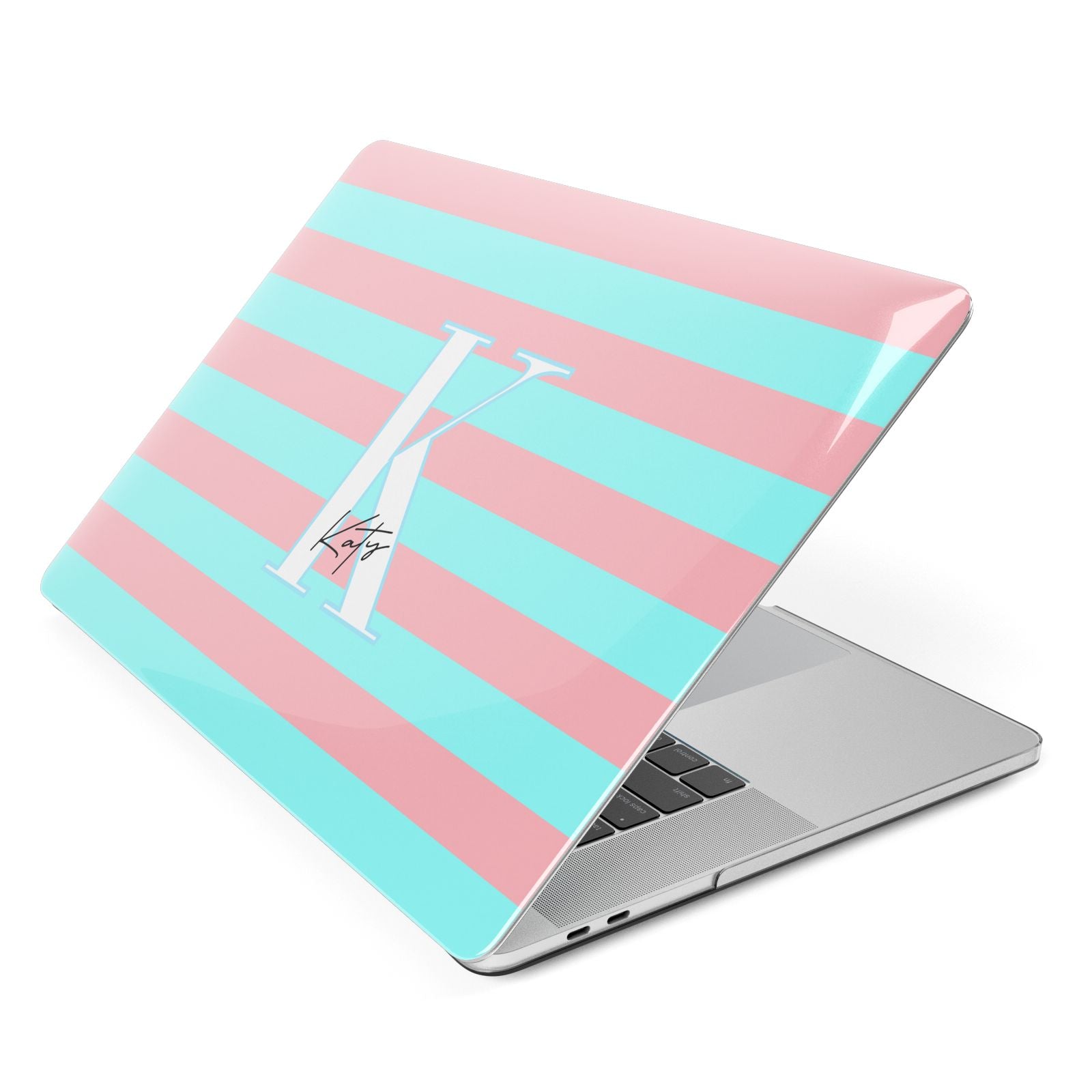 Personalised Blue Pink Striped Initial Apple MacBook Case Side View