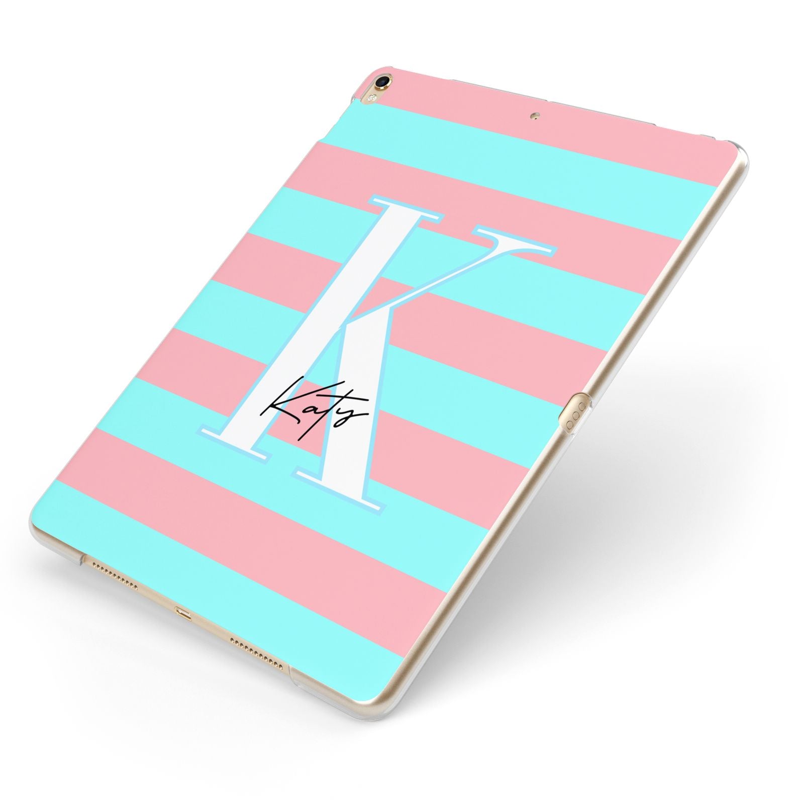 Personalised Blue Pink Striped Initial Apple iPad Case on Gold iPad Side View