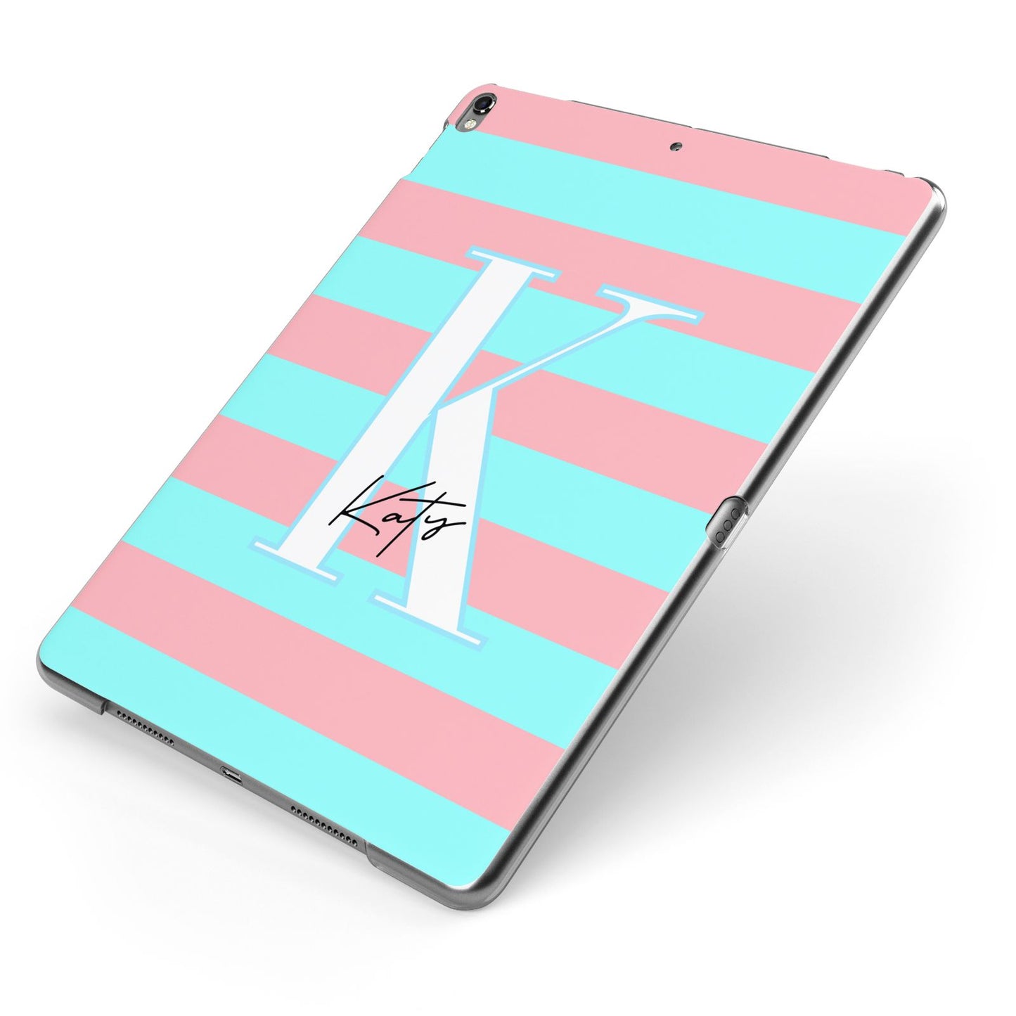 Personalised Blue Pink Striped Initial Apple iPad Case on Grey iPad Side View