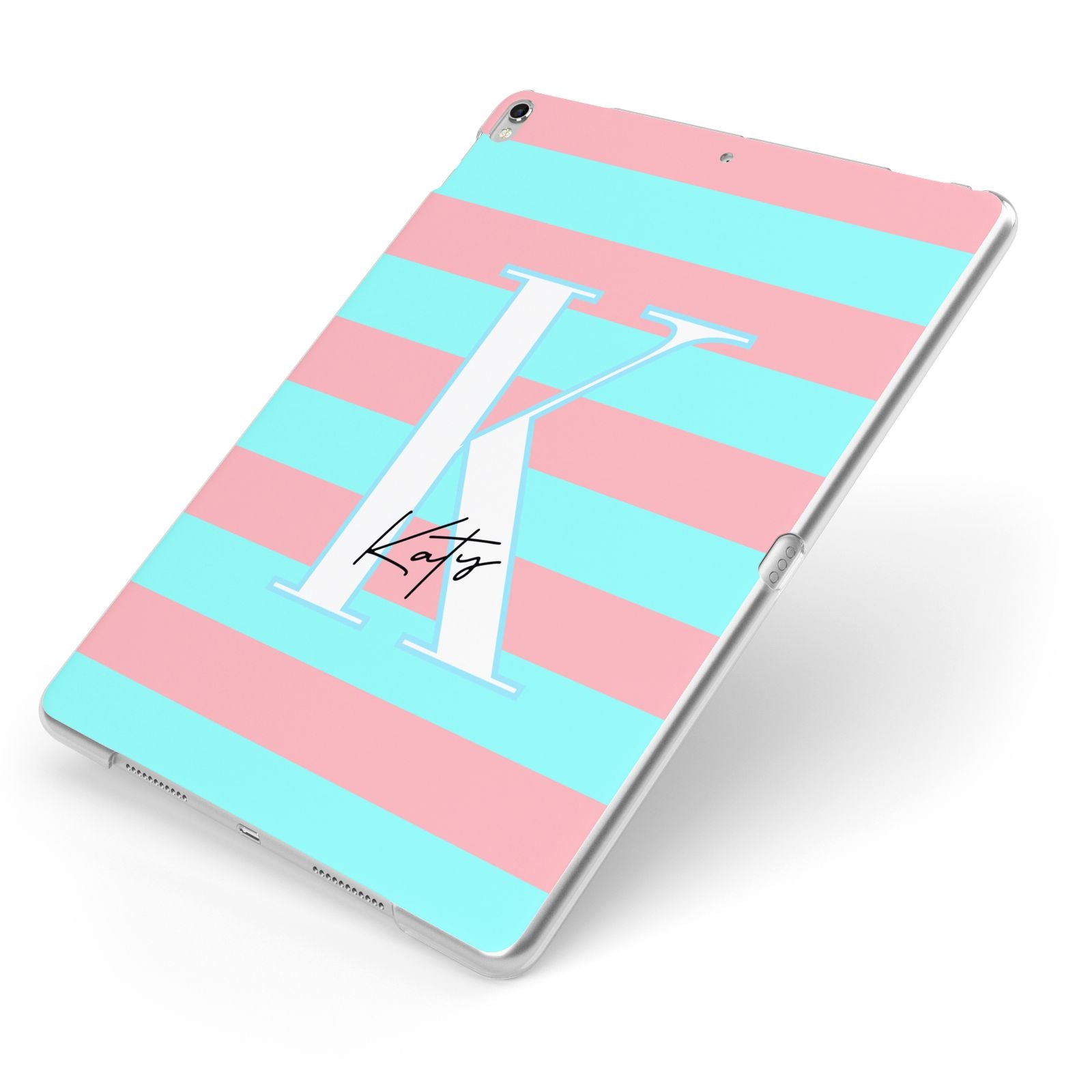 Personalised Blue Pink Striped Initial Apple iPad Case on Silver iPad Side View