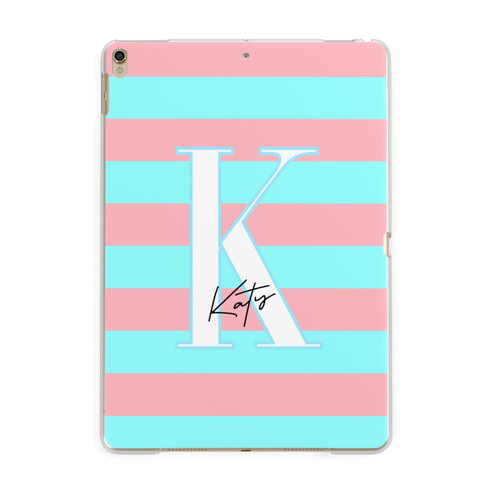 Personalised Blue Pink Striped Initial Apple iPad Gold Case