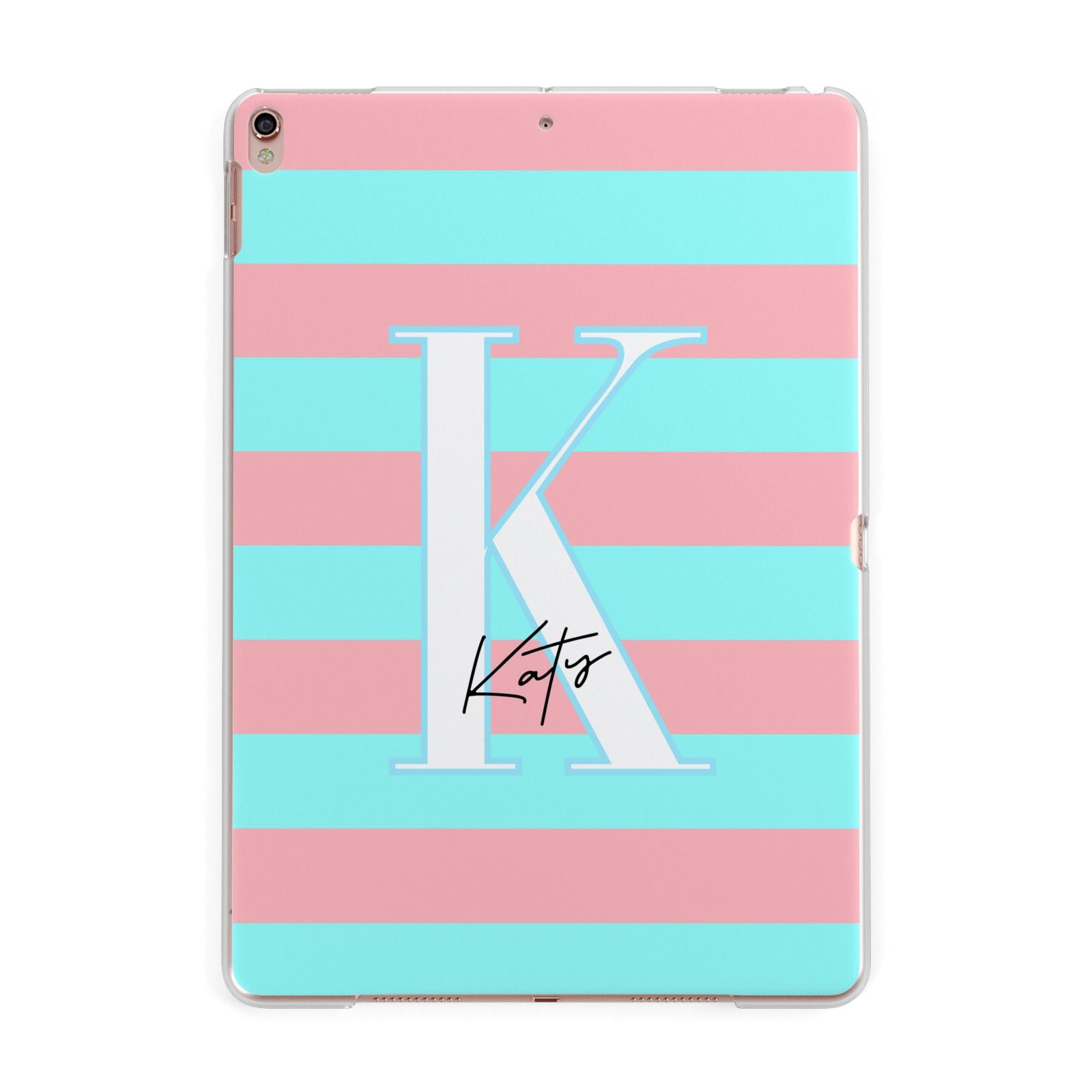 Personalised Blue Pink Striped Initial Apple iPad Rose Gold Case