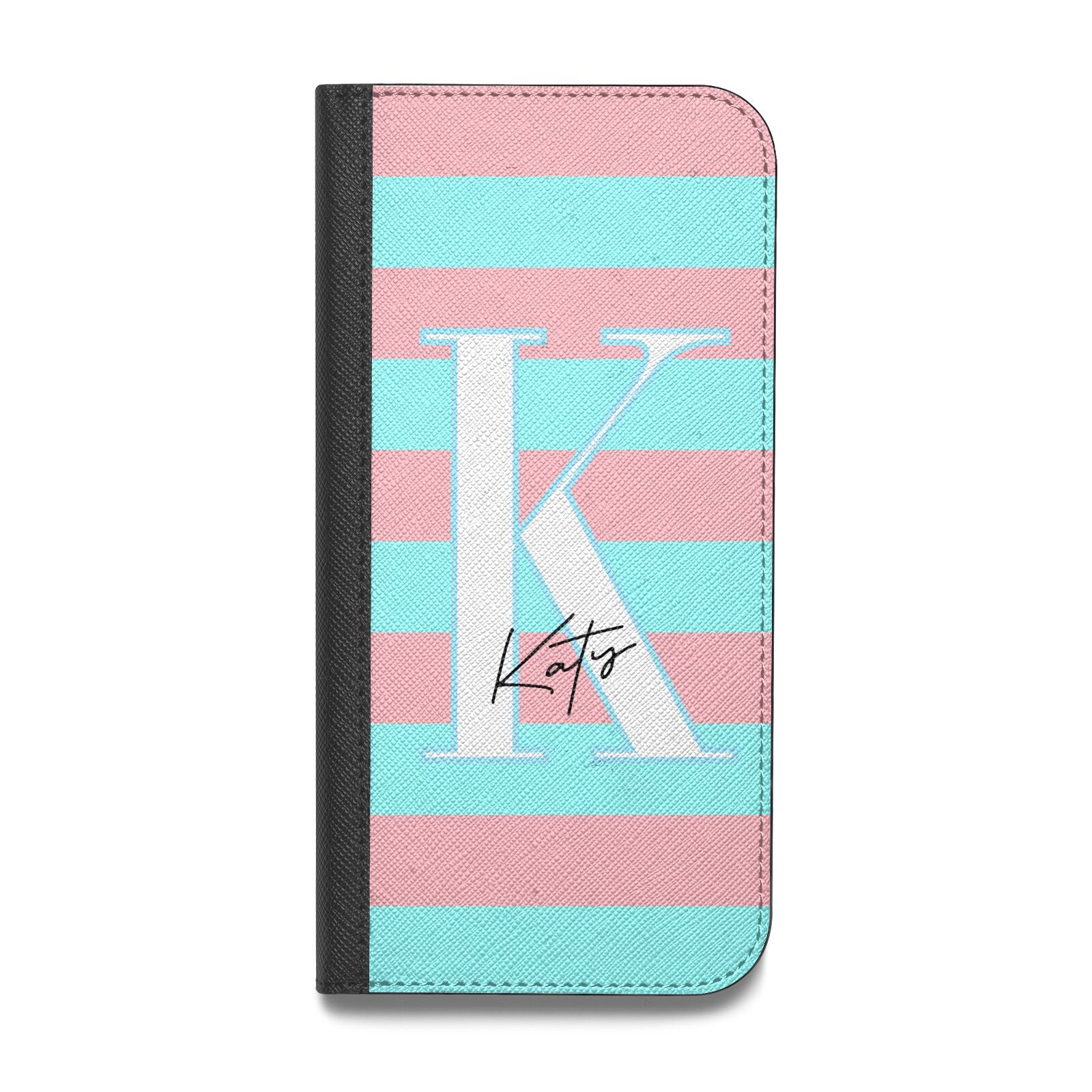 Personalised Blue Pink Striped Initial Vegan Leather Flip Samsung Case