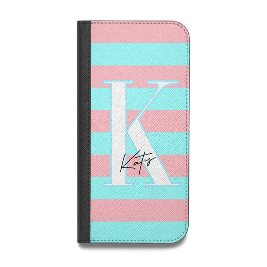 Personalised Blue Pink Striped Initial Vegan Leather Flip Samsung Case