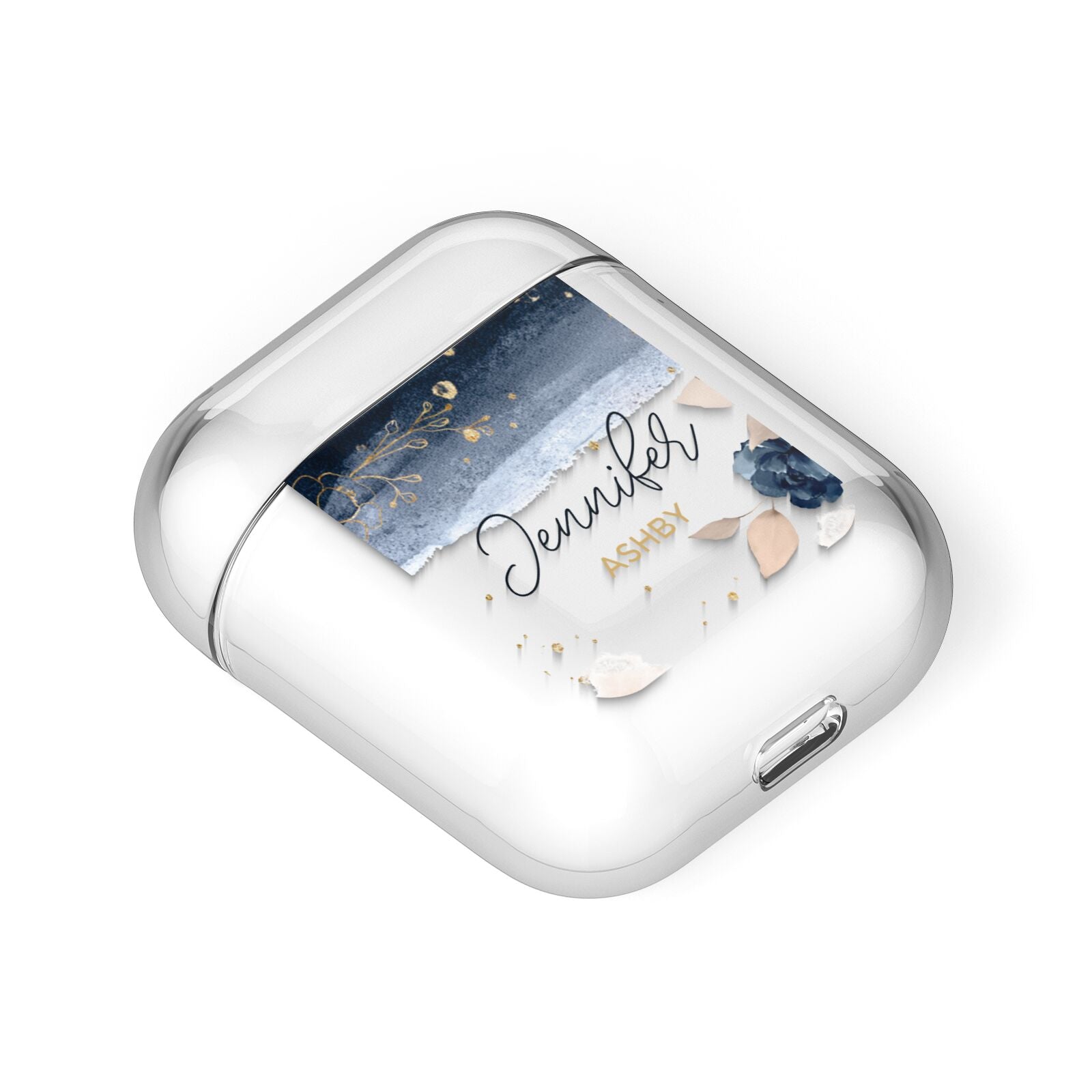 Personalised Blue Pink Watercolour AirPods Case Laid Flat