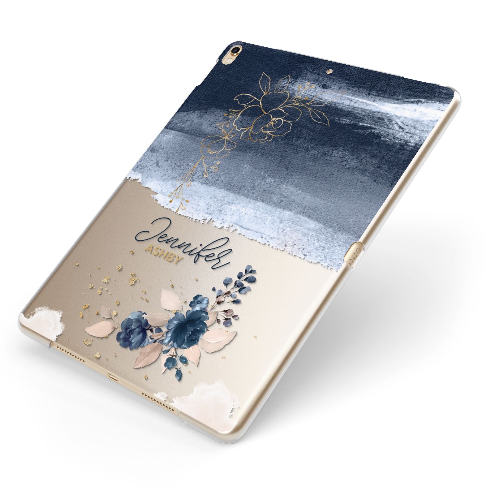 Personalised Blue Pink Watercolour Apple iPad Case on Gold iPad Side View