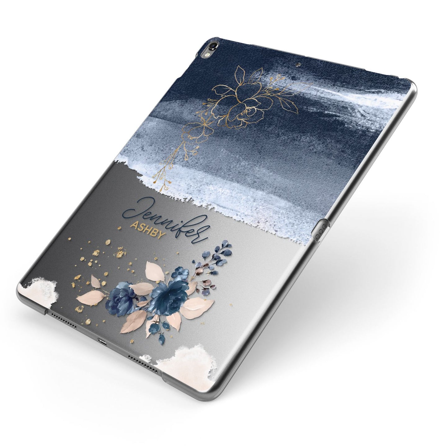 Personalised Blue Pink Watercolour Apple iPad Case on Grey iPad Side View