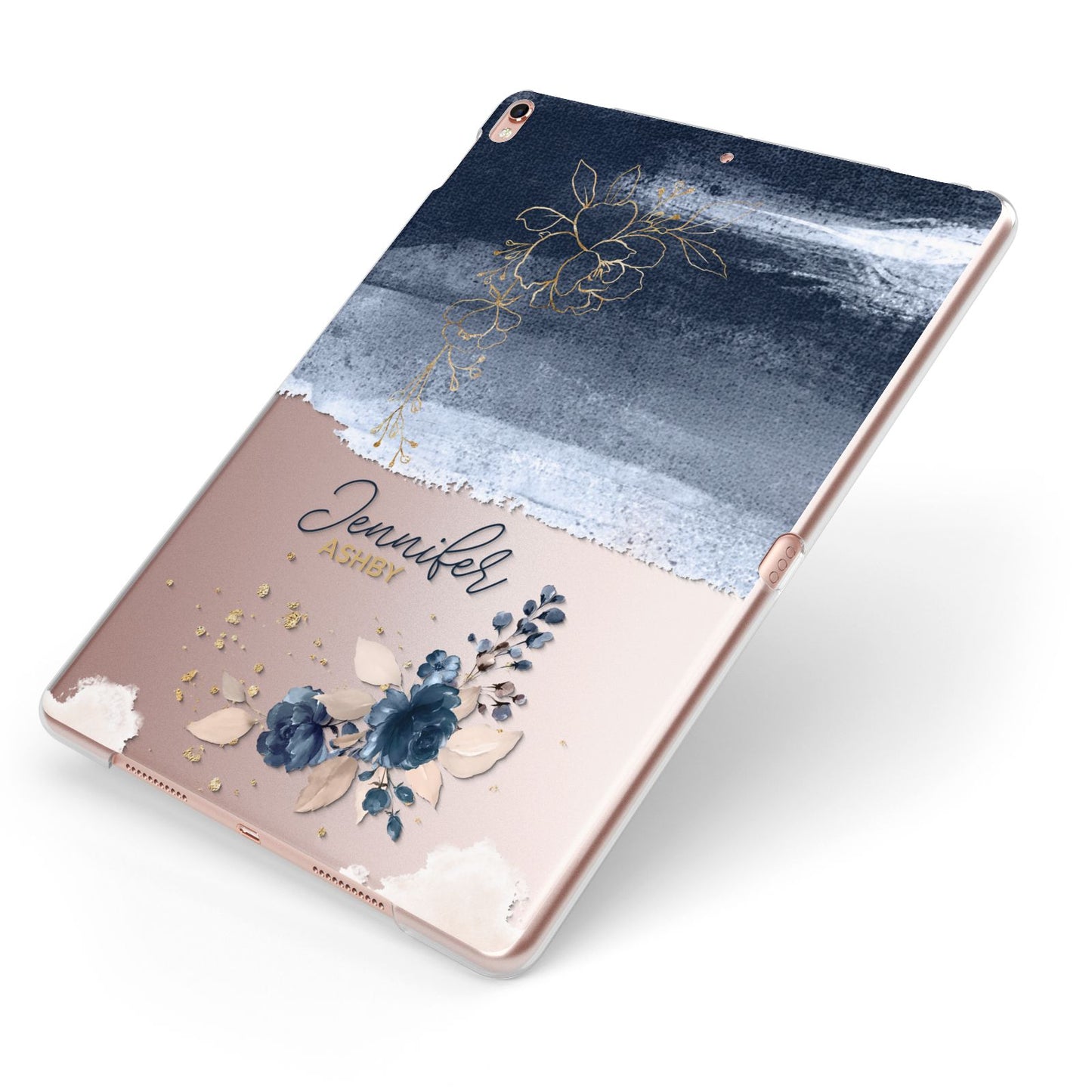 Personalised Blue Pink Watercolour Apple iPad Case on Rose Gold iPad Side View