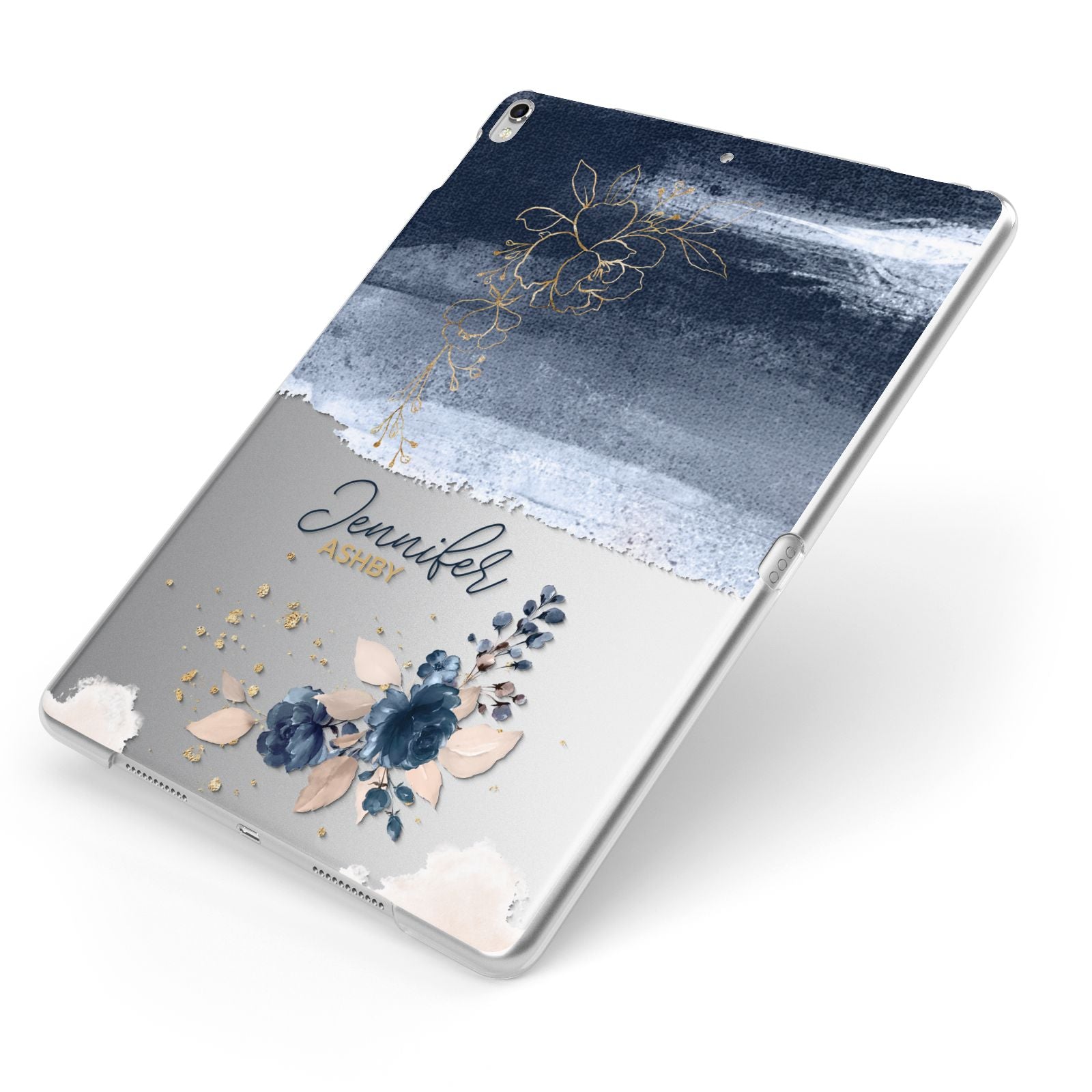 Personalised Blue Pink Watercolour Apple iPad Case on Silver iPad Side View