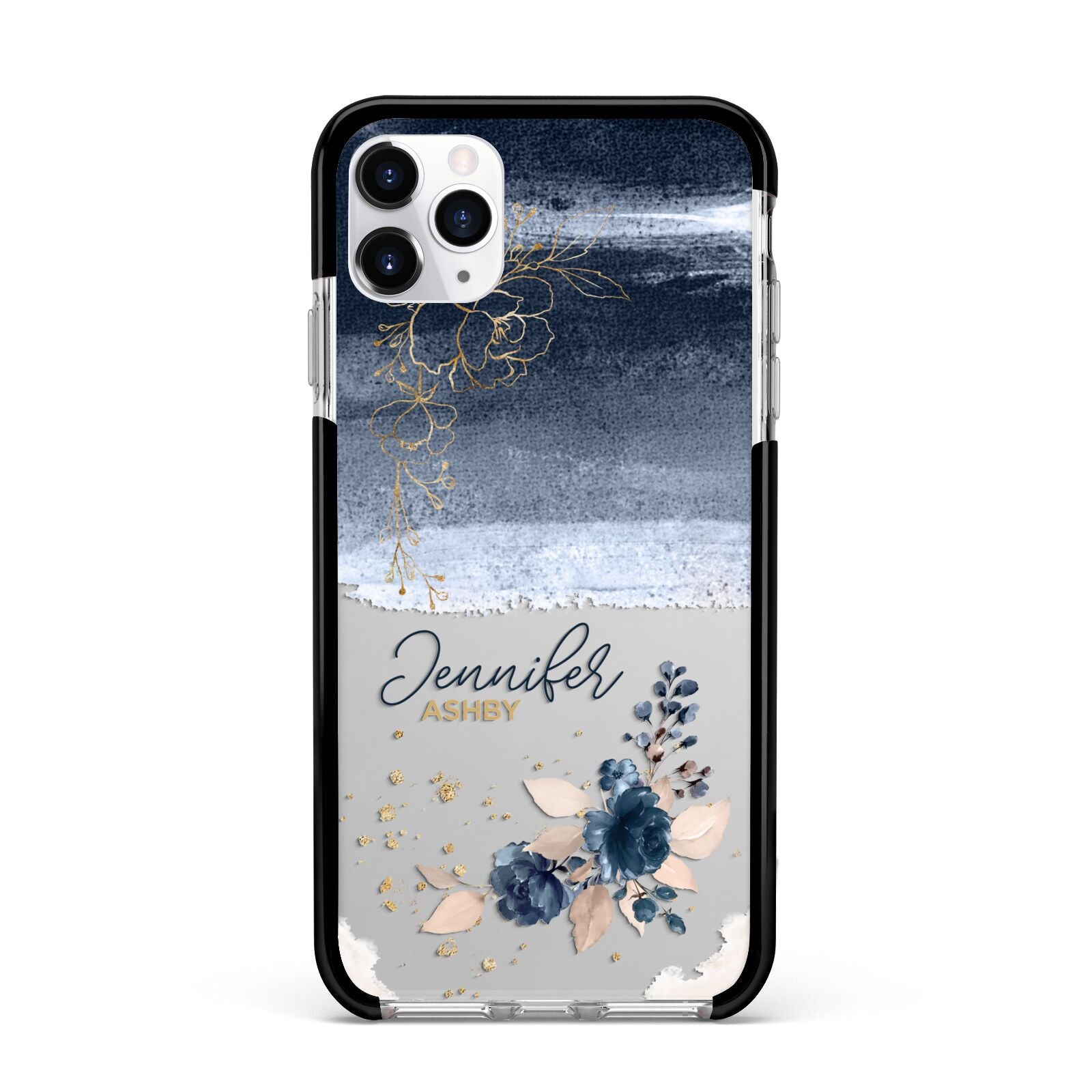 Personalised Blue Pink Watercolour Apple iPhone 11 Pro Max in Silver with Black Impact Case