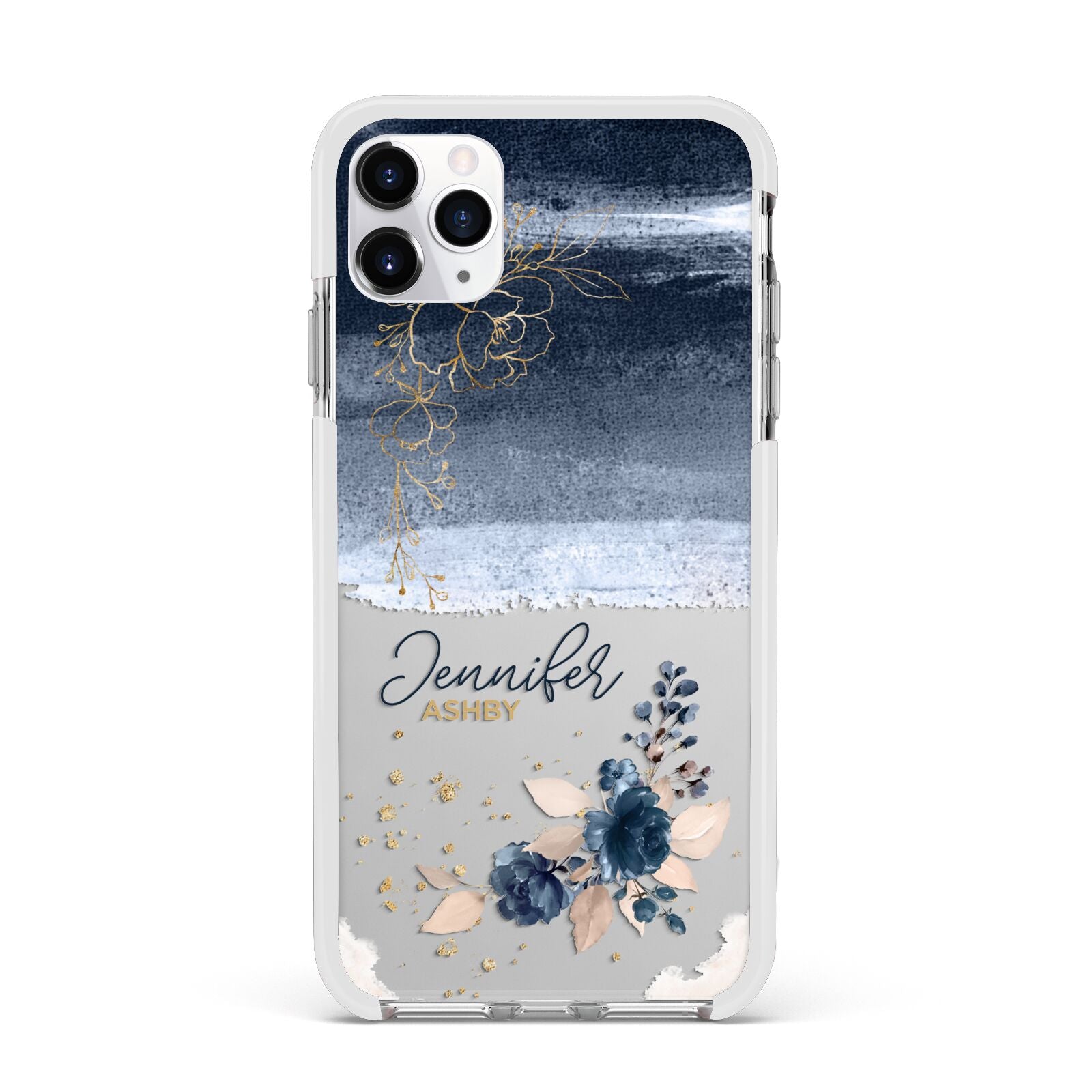 Personalised Blue Pink Watercolour Apple iPhone 11 Pro Max in Silver with White Impact Case