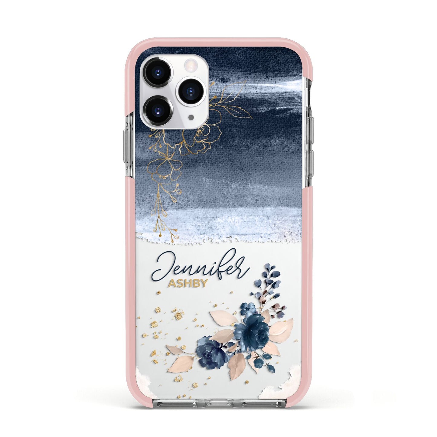 Personalised Blue Pink Watercolour Apple iPhone 11 Pro in Silver with Pink Impact Case