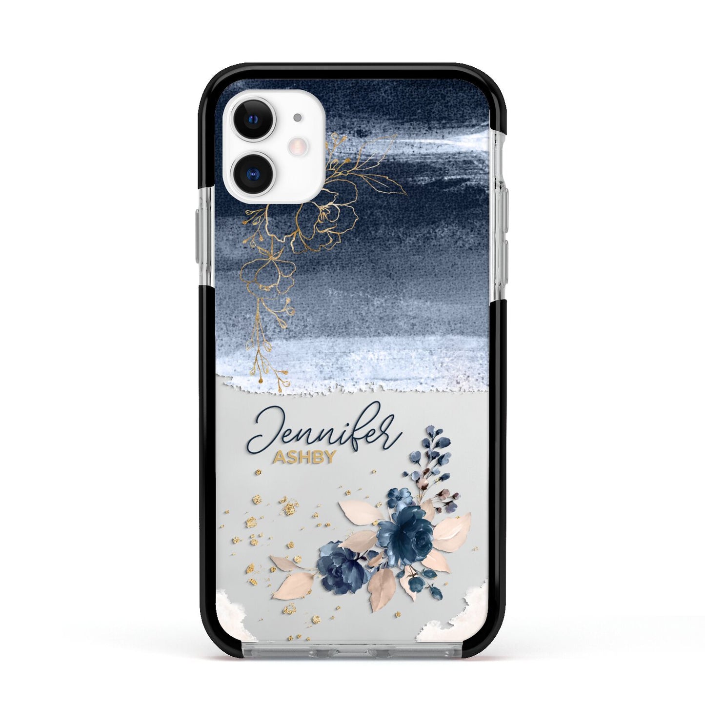Personalised Blue Pink Watercolour Apple iPhone 11 in White with Black Impact Case