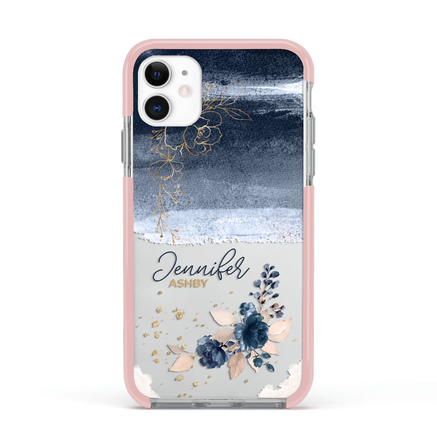Personalised Blue Pink Watercolour Apple iPhone 11 in White with Pink Impact Case