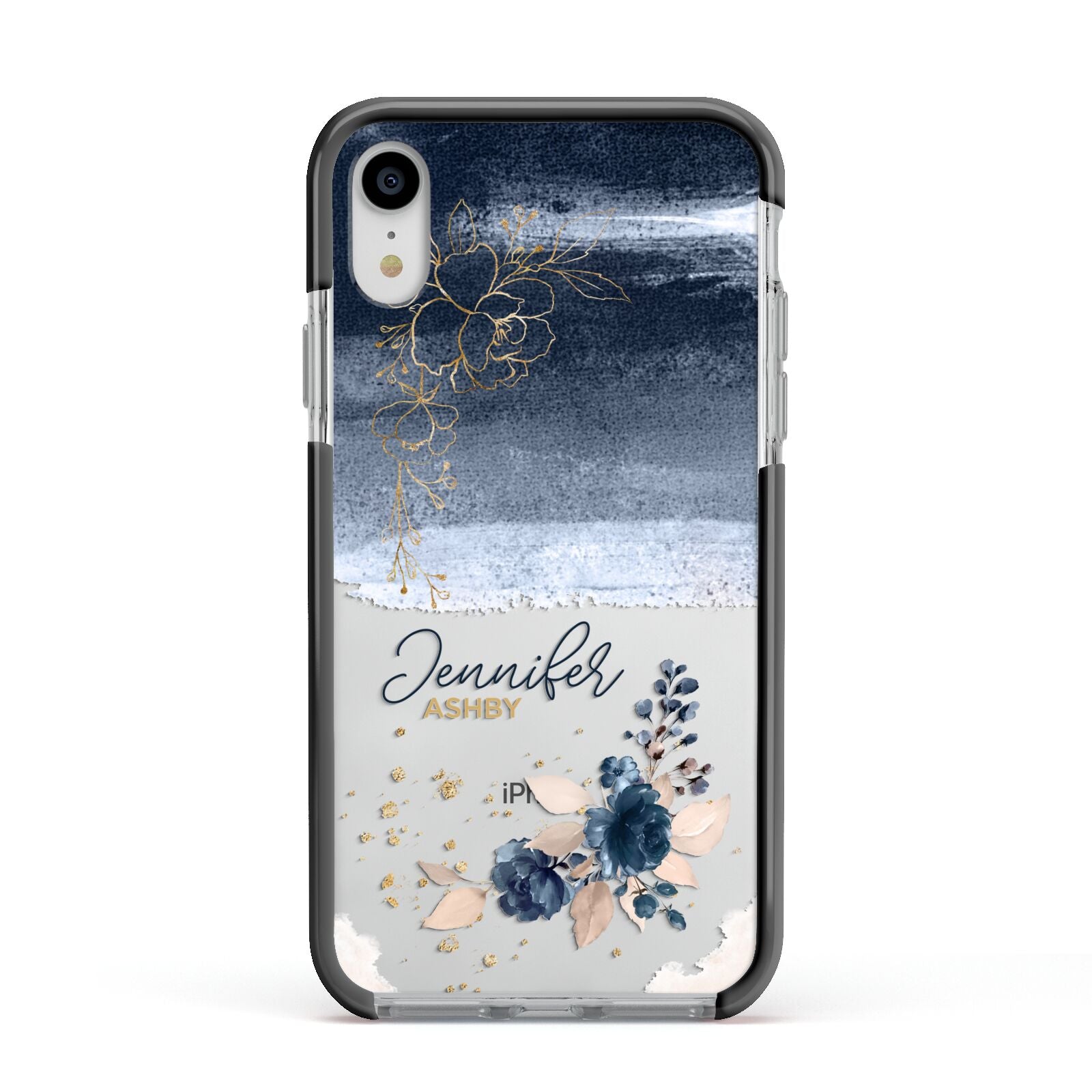 Personalised Blue Pink Watercolour Apple iPhone XR Impact Case Black Edge on Silver Phone