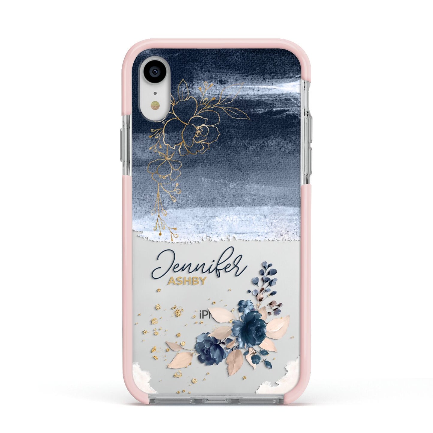 Personalised Blue Pink Watercolour Apple iPhone XR Impact Case Pink Edge on Silver Phone