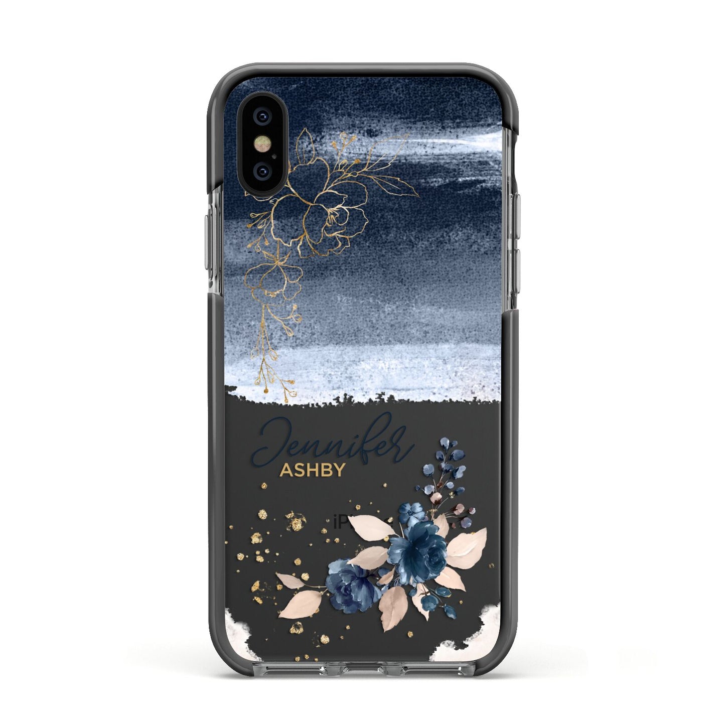 Personalised Blue Pink Watercolour Apple iPhone Xs Impact Case Black Edge on Black Phone